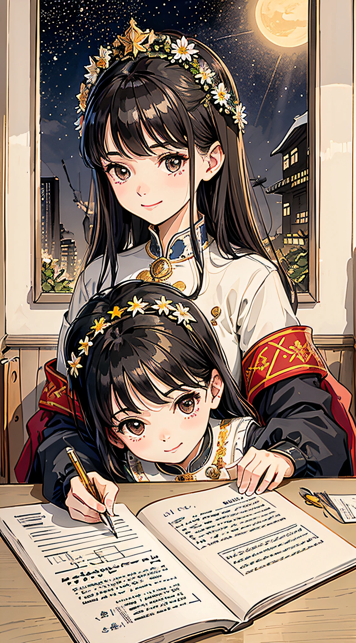 (A poster design), middle-aged woman, child writing homework on desk, hair pulling, night, lights on, woman next to child, oval flower frame, smile, looking at their child, surrounded by artistic garlands on the back, beautiful and delicate eyes, shiny hair, visible through hair, black hair, brown eyes, women, family wear, sun reflected light, silver metal, brilliance, Soviet style, diffuse reflection, metallic texture, sea of stars, high-profile, imposing