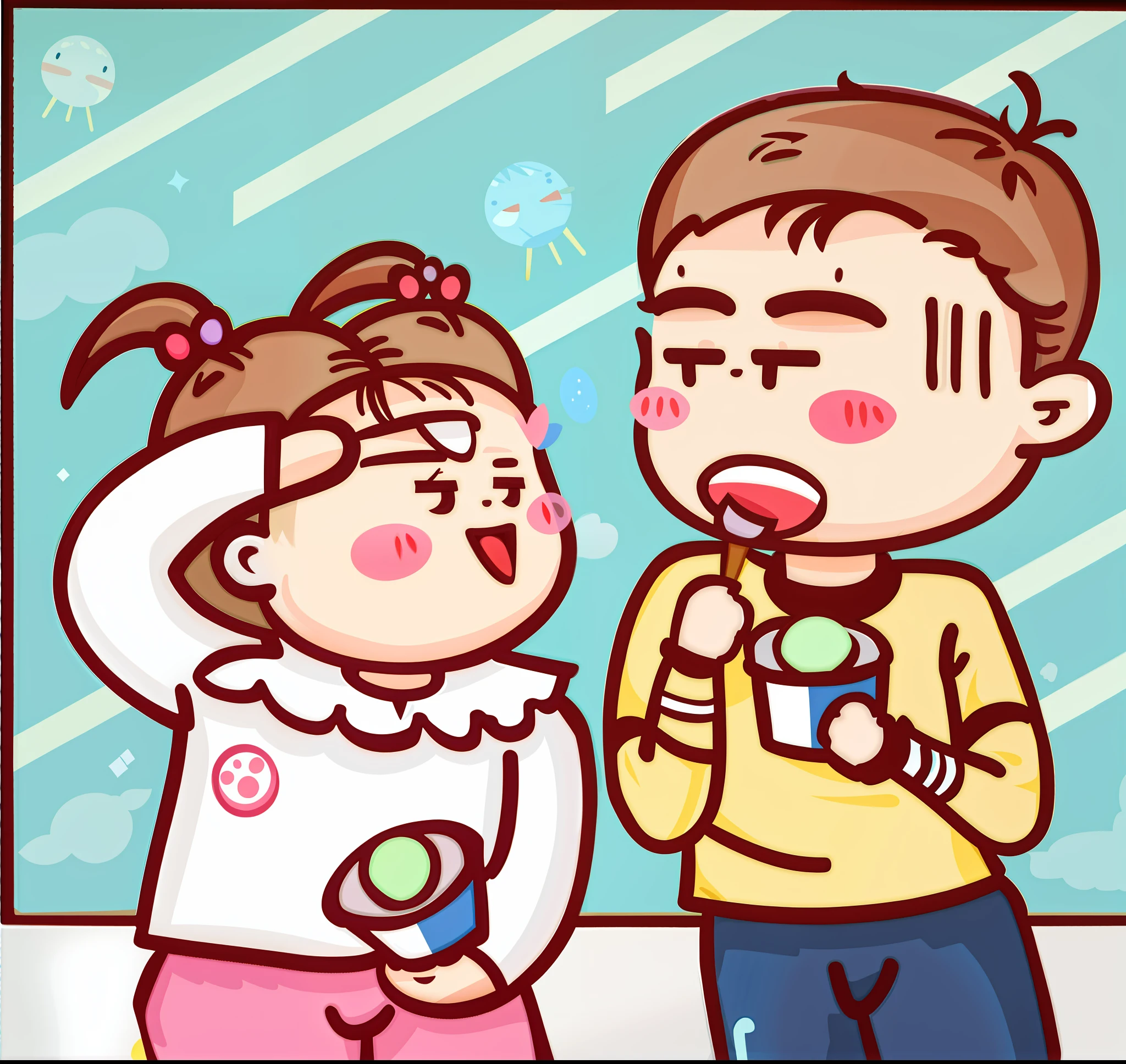 cartoon of a boy and girl eating ice cream and ice cream, eating ice - cream, eating ice cream, ice cream, couple, boy and girl, ๐๐๐โบ๐๐๐, blowing bubblegum, cute cartoon, hand painted cartoon art style, eating, licking tongue, eating cakes, cute cartoon style, cartoonish cute, cute illustration, having a snack