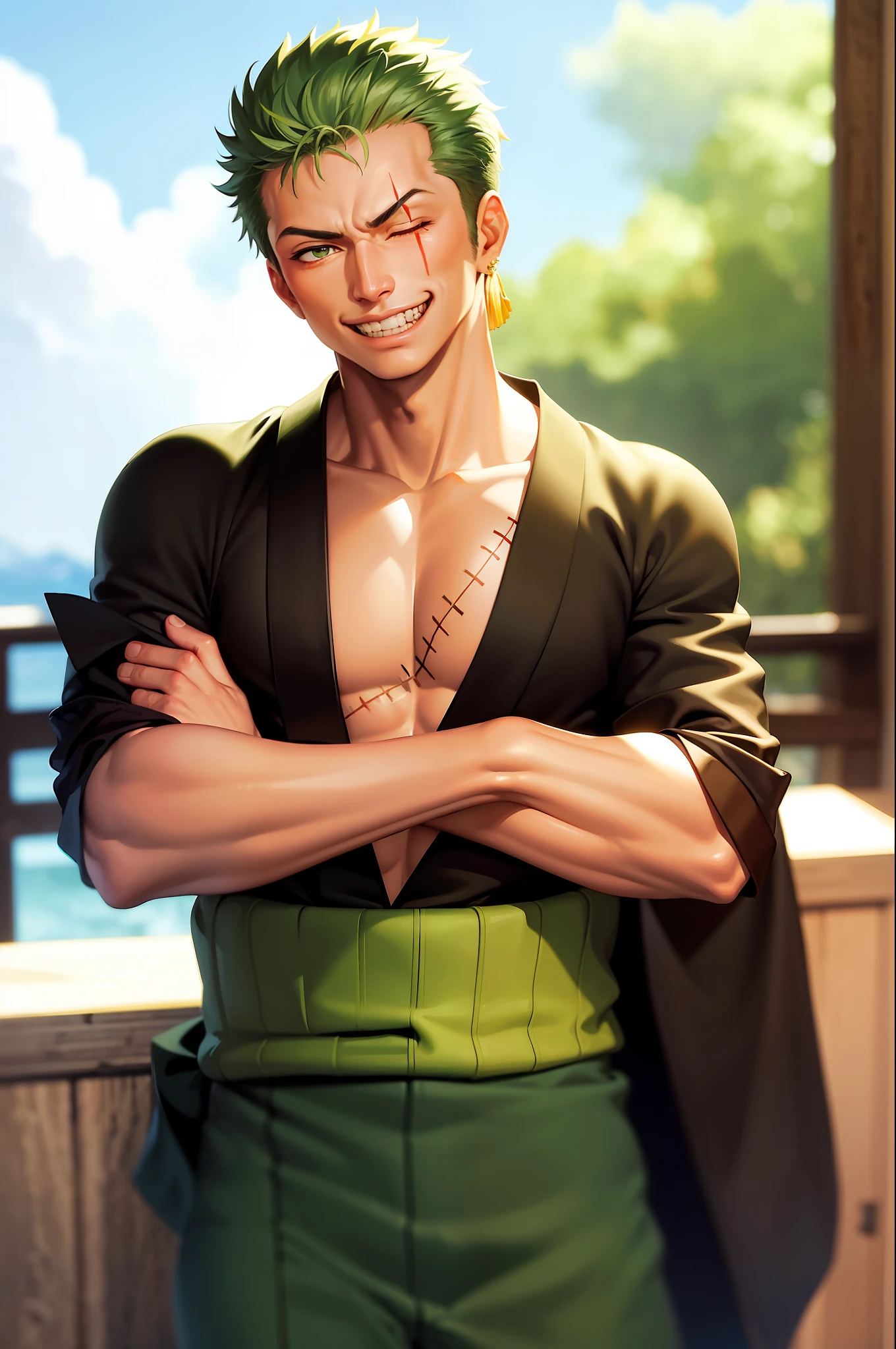 (masterpiece, best quality:1.2), cowboy shot, solo, male focus, 1boy, roronoa zoro, scar, muscular male, grin, looking at viewer, one eye closed, scar across eye, crossed arms, japanese clothes, green kimono
