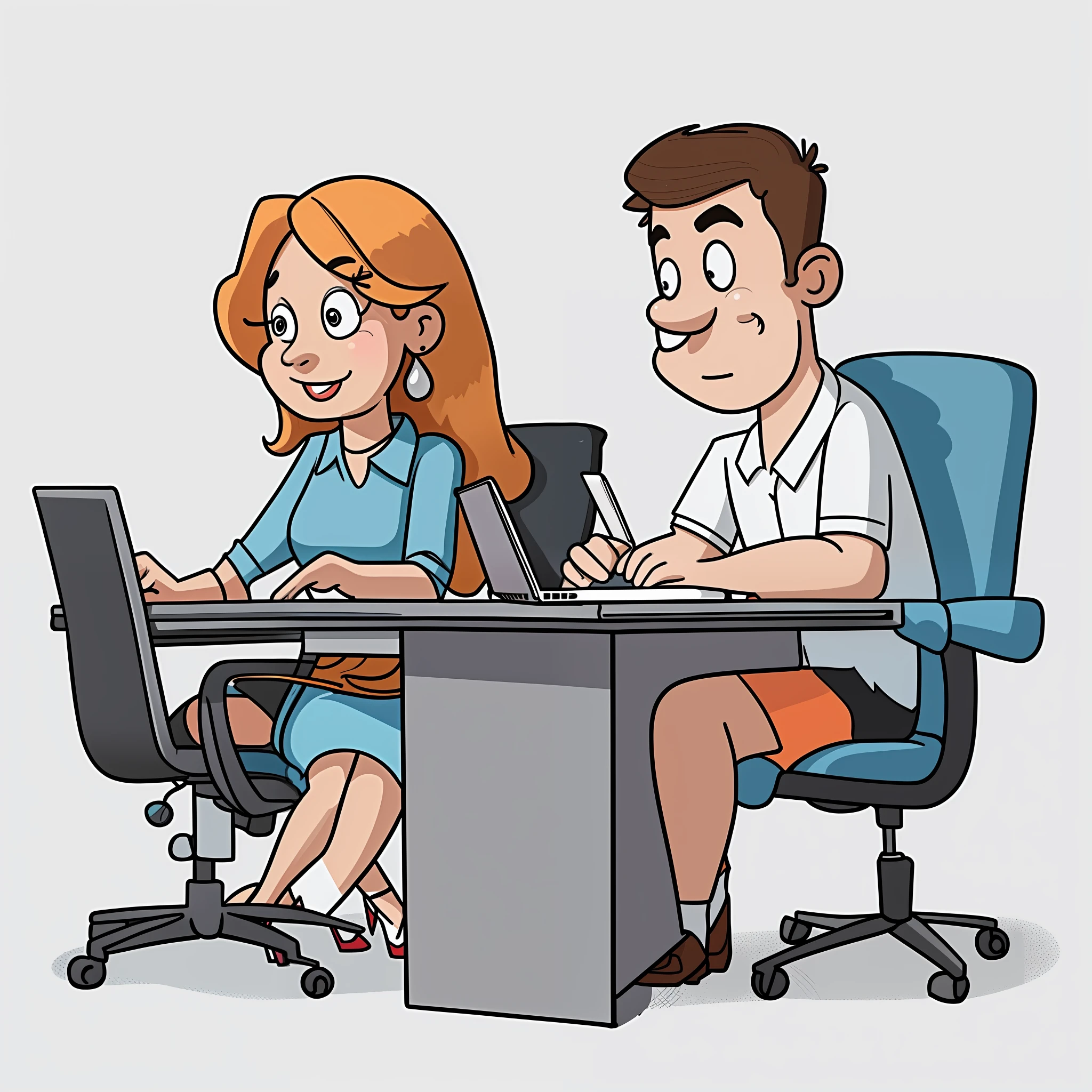 cartoon of a man and woman sitting at a desk with a laptop, coworkers, sitting at a computer, sitting at a computer desk, sitting at a desk, sitting in front of computer, sitting at desk, funny illustration, cartoon style illustration, in meeting together, working in an office, proffesional illustration, sat in an office