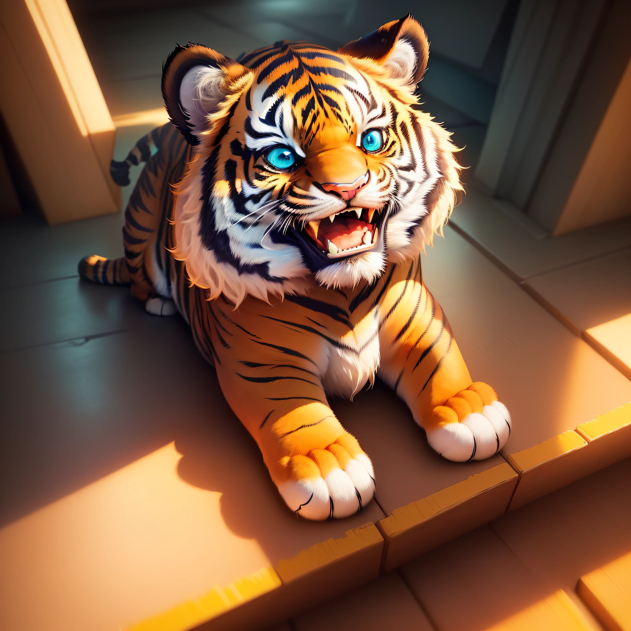 A cute tiger, cartoon character, cute, smile, masterpiece, best quality, (very detailed CG unity 8k wallpaper), (best quality), (best illustration), (best shadow), isometric 3D, octane rendering, ray tracing, super detailed