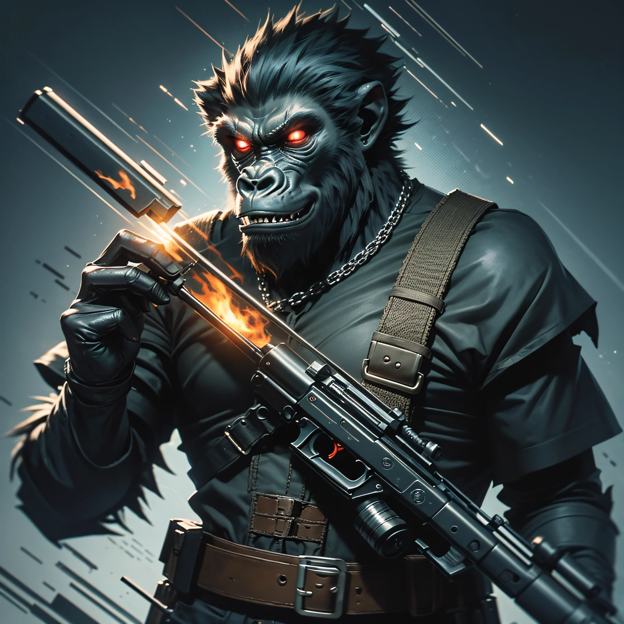 darkness evil gangster gorilla,with guns,dark art,obscure,dark background,4k --auto --s2