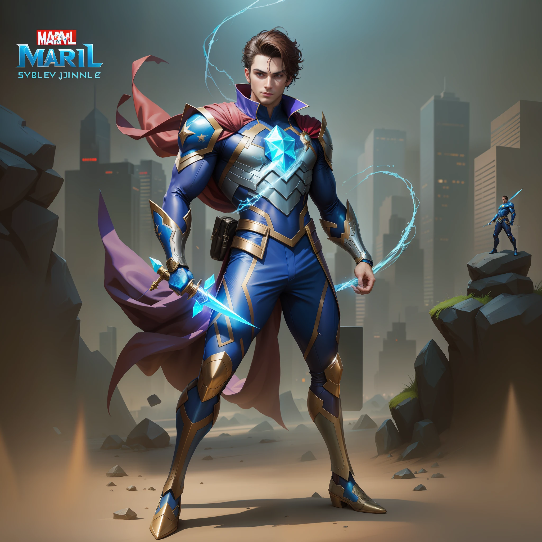 Close-up of a man in suit holding a sword, male pose of a hero with left hand behind his back, solid color background, full portrait of an electronic magician, official concept art, marvel style, crystal skin, hero character art, iconic character splash art, extremely detailed art germ, marvel and dc style, character splash art, hero pose colorful city lighting, artgerm jsc