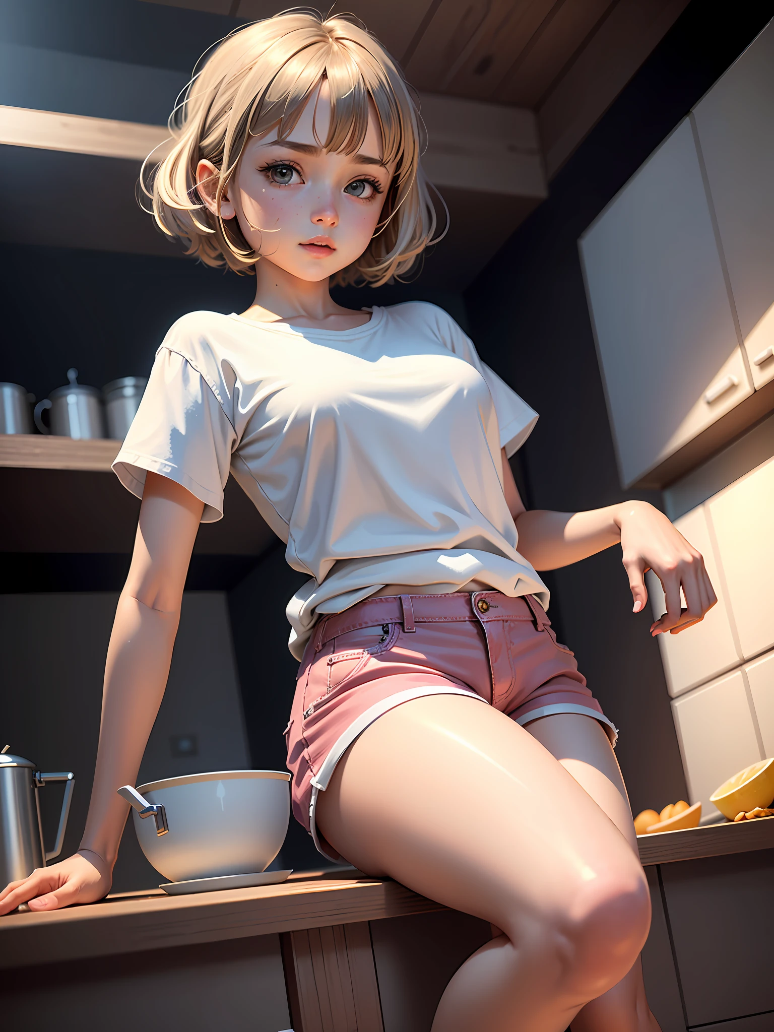 (masterpiece), (best quality), ultra hi res, 8k (extremely detailed CG unity 8K wallpaper), beautiful 10 years old girl, child, cute, blushing, detailed face, detailed eyes, medium breasts, bob cut, hair ornament, pink casual shirt, (white shorts), bare foot, sexy pose, in the kitchen, kitchen environment, crowd, many people in background, perfect lighting, hdr