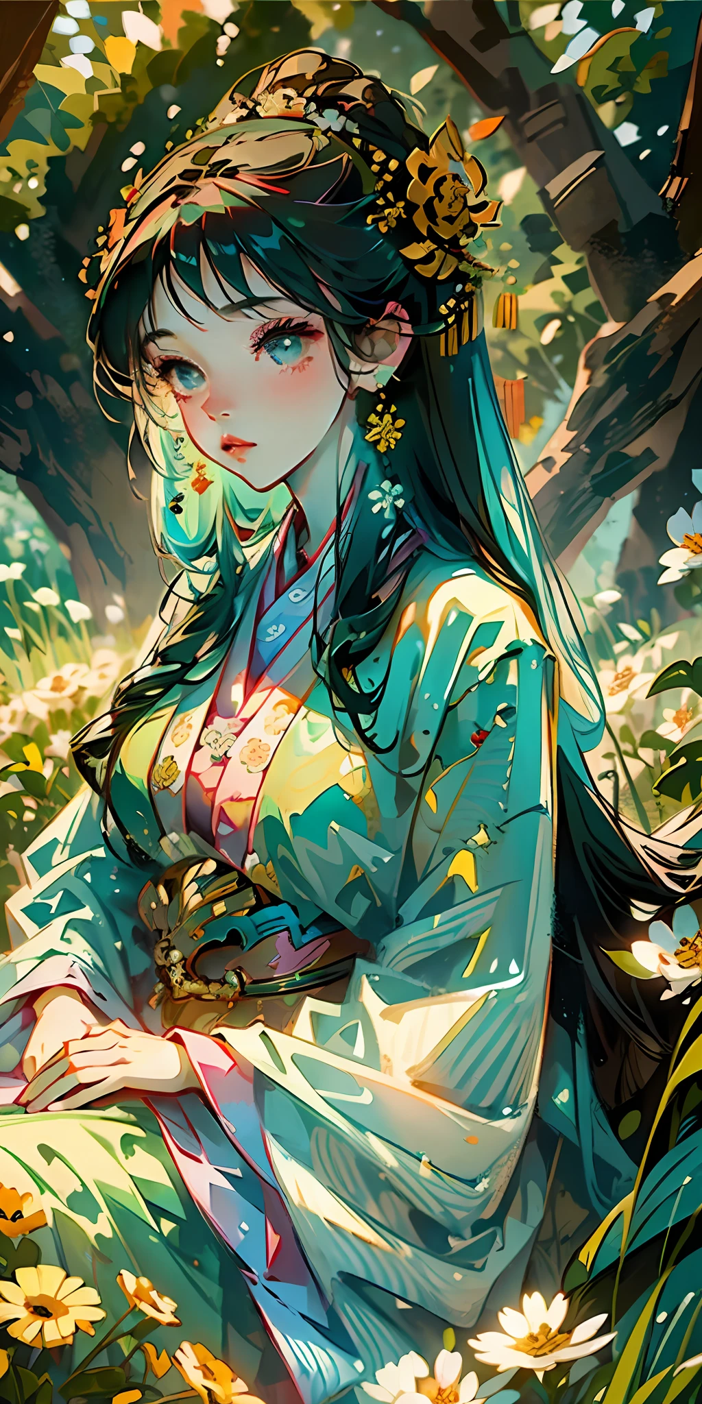 (Masterpiece, best quality), 1 girl sitting in field of greenery and flowers, clear face, ancient Chinese costume, Hanfu, ancient hair ornament, jewelry, sunshine, epic composition, highest quality, 8K