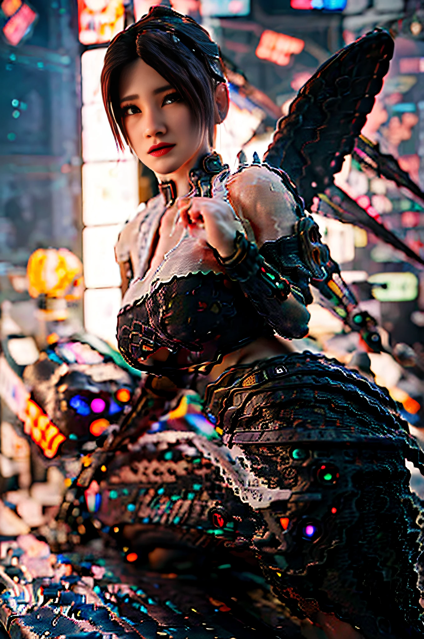 ((Best quality)), ((masterpiece)), (highly detailed:1.3), 3D, beautiful, (cyberpunk:1.6), in space, nebula, (holding_weapon:1.3), laser, (1Female mecha:1.3), sexy body, facing the audience, Glowing eyes, full body, (flying, swooping down, dynamic, motion blur: 1.4), (huge mech wings: 1.6), looking up, glowing_eyes, mecha, panorama, background is earth, nebula, space, particles, Reality, HDR (High Dynamic Range), Ray Tracing, NVIDIA RTX, Super Resolution, Unreal 5, Subsurface Scattering, PBR Textures, Post Processing, Anisotropic Filtering, Depth of Field, Maximum Clarity and Clarity, Multilayer Textures, Albedo and Specular maps, Surface shading, accurate simulation of light-material interaction, perfect proportions, Octane Render, two-tone lighting, large aperture, low ISO, white balance, rule of thirds, 8K RAW, efficient sub-pixel, sub-pixel volume product, (best quality),(Japanese:0.5),(korean:0.8), (Liu Yi Fei:1.5) long hair, (big breast:1.2),(underboob:1.5), (white transparent lace mini skirt:1.5)