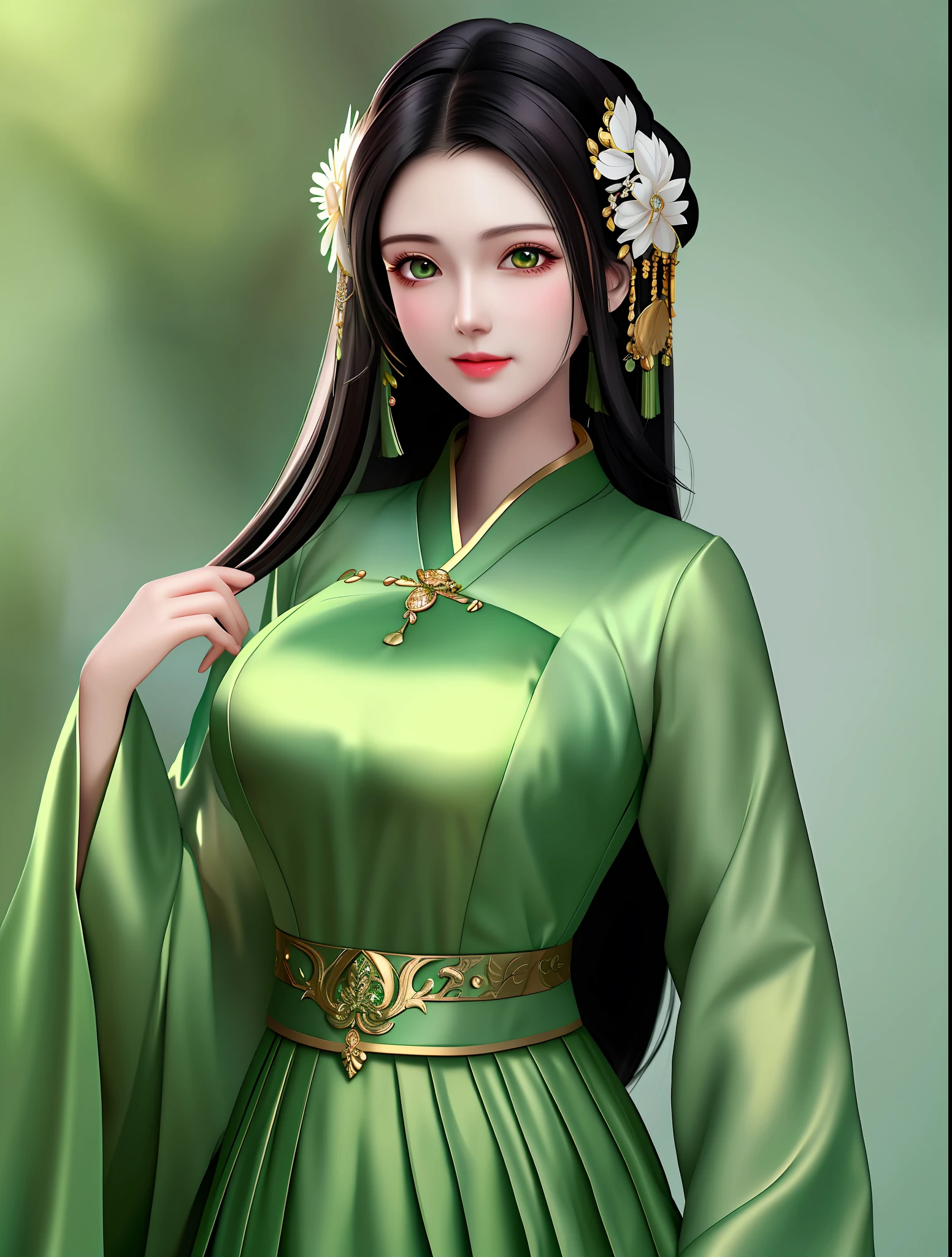 Human wife, black hair, light green clothes, elegant temperament, big breasts, half nude, high quality, detailed, HD