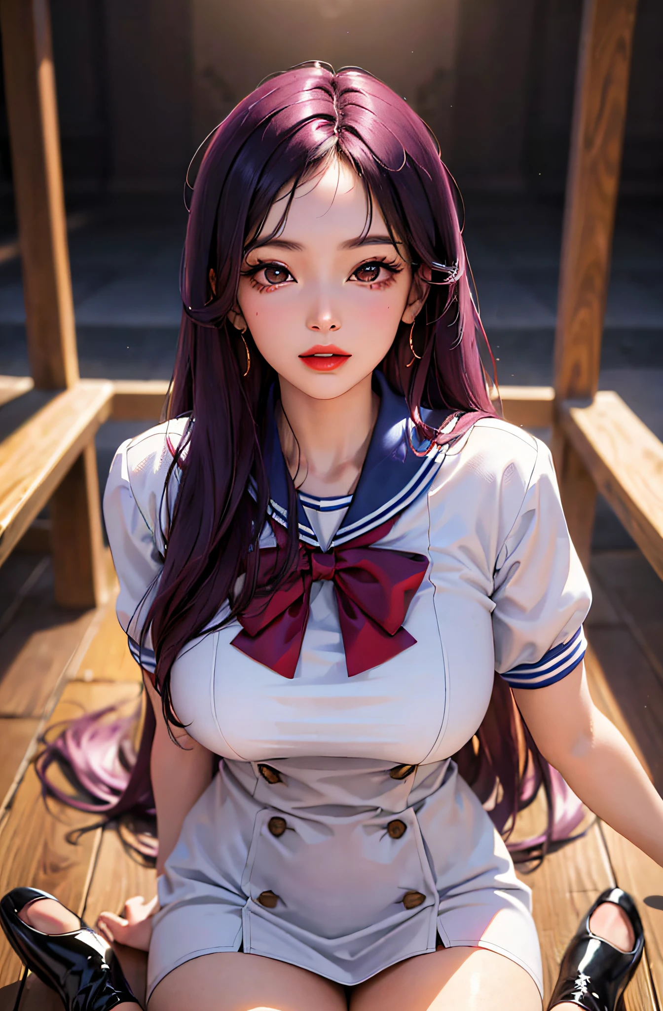 1girl, (masterpiece:1.4),(best quality:1.4), (real picture, intricate details), highres, photography, (very detailed face, reality skin, reality body), sailor mars, (shiny skin), red lips , (big breasts), sexy, seductive, (upper body), perfect facial features, absolutely beautiful, absolutely colorful, dark purple hair, long hair, normal hands, school uniform, stockings, high heels, highest image quality, super high resolution,