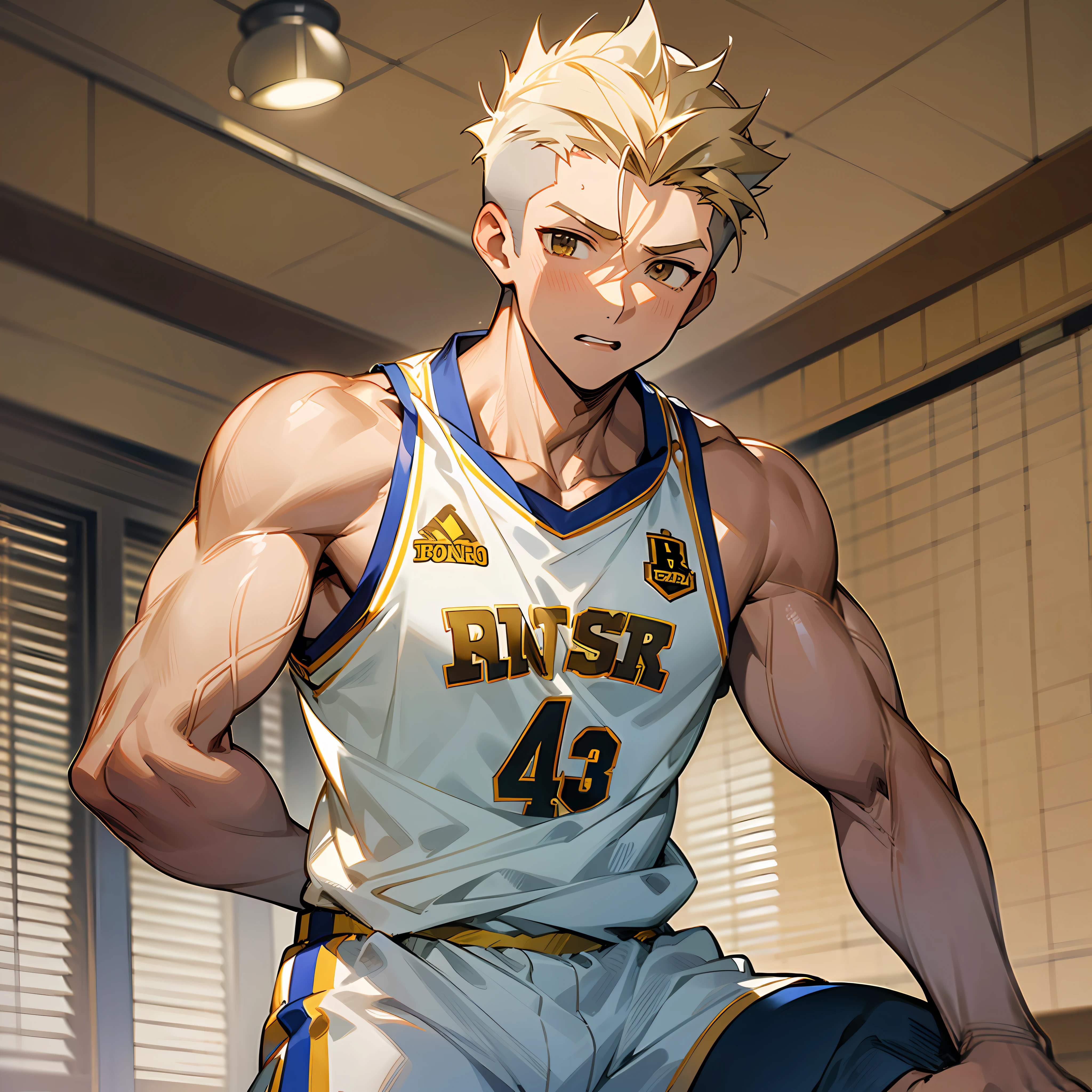 Masterpiece, anime CG, boy, white spiked short hair, wheat-colored skin, muscles, sports boy, wearing basketball uniform, smooth texture, silk texture --auto --s2
