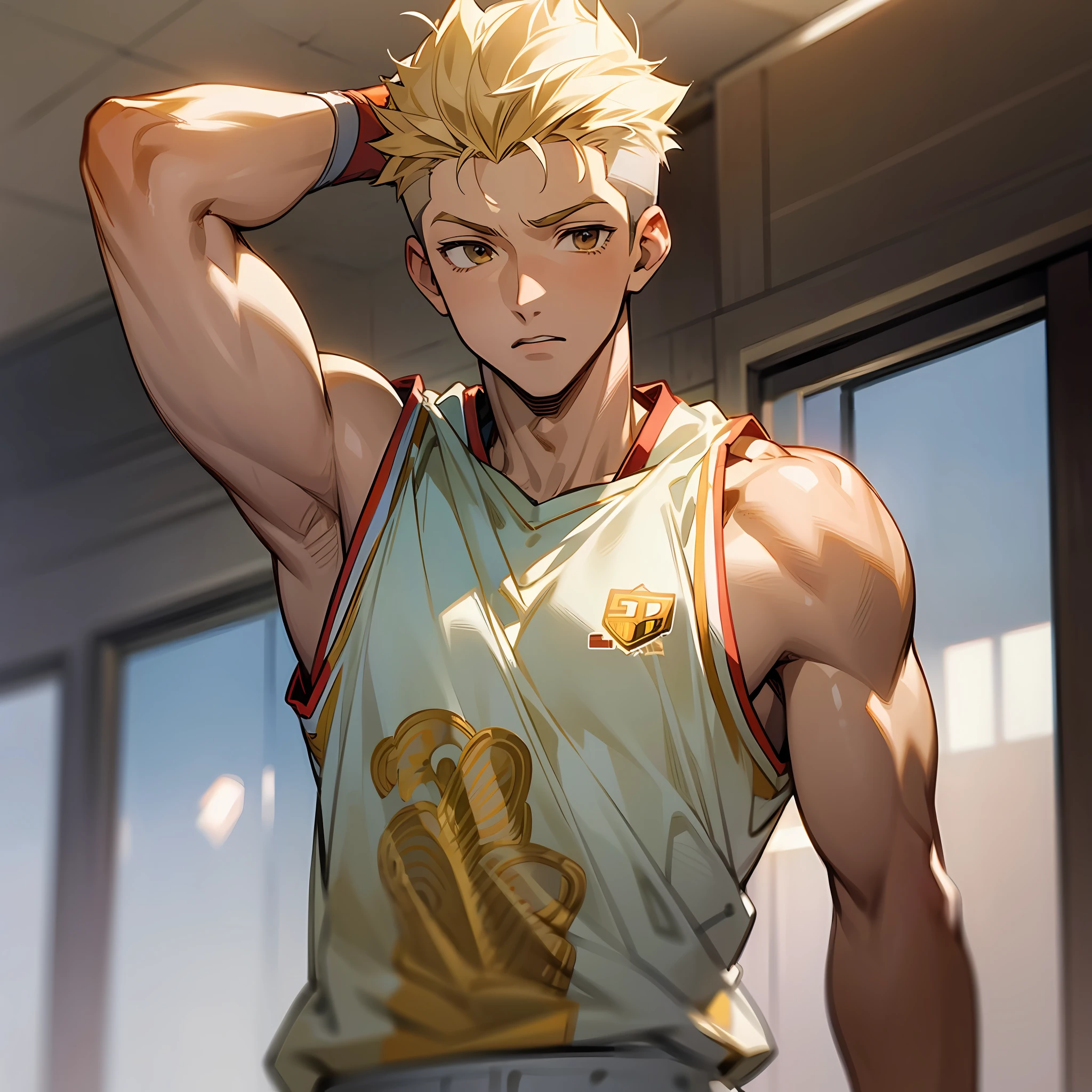 Masterpiece, anime CG, boy, white spiked short hair, wheat-colored skin, muscles, sports boy, wearing basketball uniform, smooth texture, silk texture --auto --s2