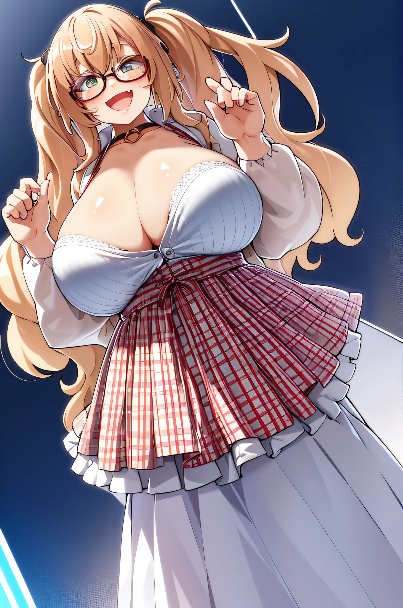 1girl, solo, long hair, glasses, blonde hair, (((giant breasts: 1.3))), large breasts, twin tails, (thighs: 1.2), heavy blush, (thick thighs: 1.3), heavy blush, wide hips, choker, heavy blush, (happy: 1.3), simple background, shiny skin, wet skin, inside, facing the viewer, (cleavage), ((lewd)), best quality, smiling, white dress, plaid dress, open mouth, fang, short skirt, front,