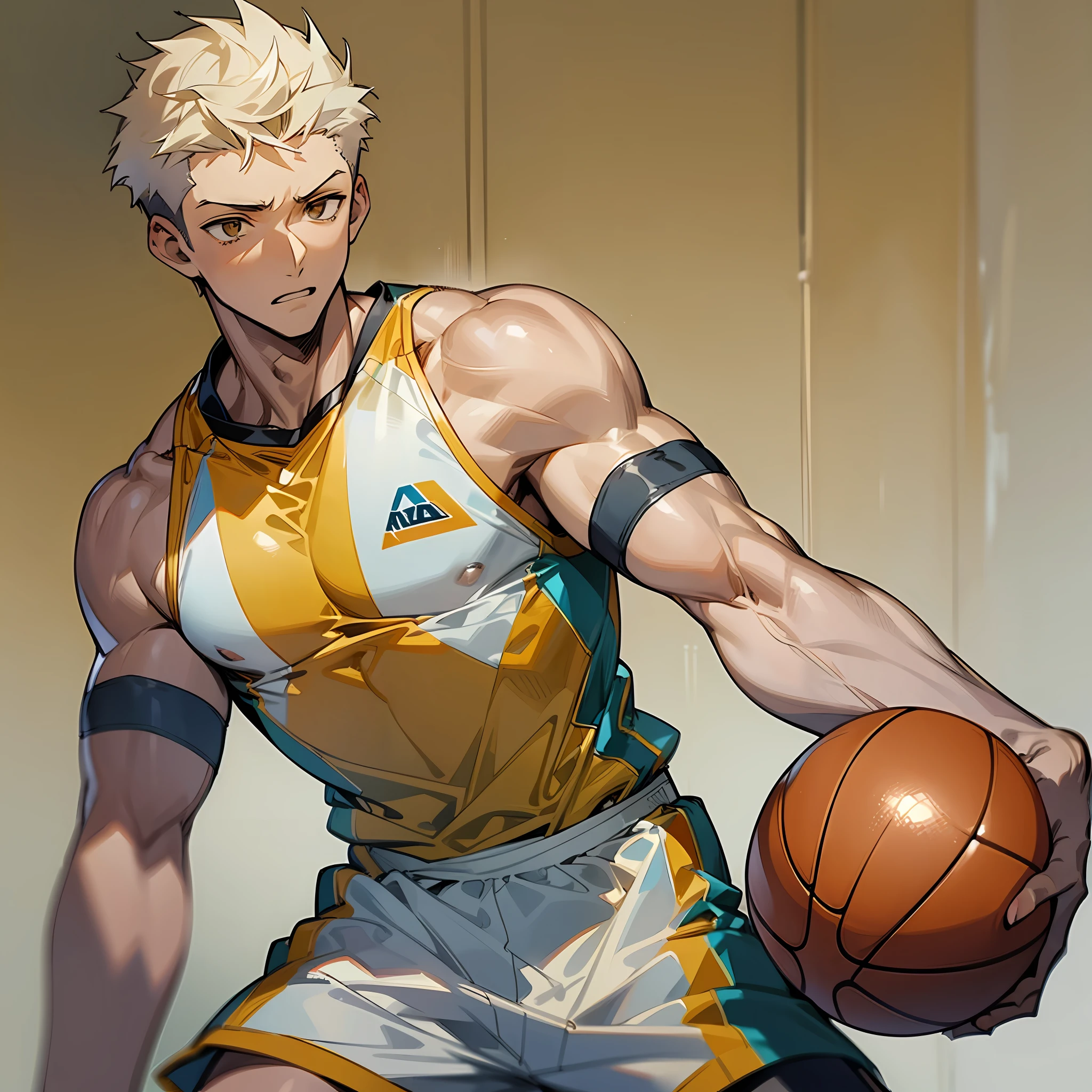 Masterpiece, anime CG, boy, white spiked short hair, wheat-colored skin, muscles, sports boy, wearing basketball uniform, smooth texture, silk texture --auto --s2