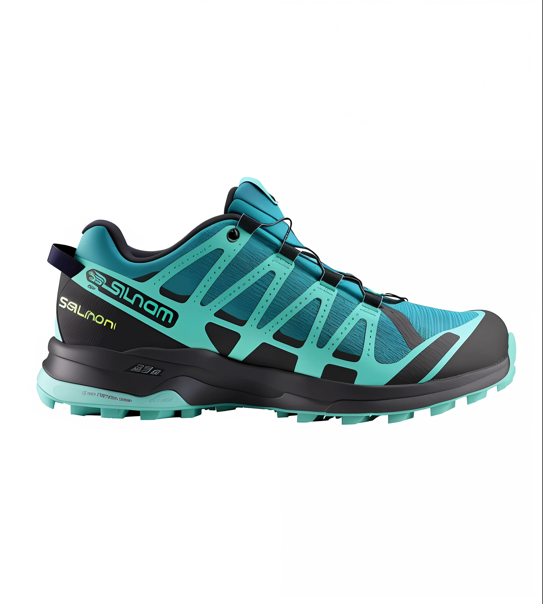 a close up of a pair of shoes with a blue and green color, salomon, running shoes, dynamic pearlescent teal light, item, 4k/8, ladies, dark teal, black blue green, dr 8 k, 3/4 side view, spartan, 3d 4k, 3 d 4 k, ultra realistic”, ultra realistic ”