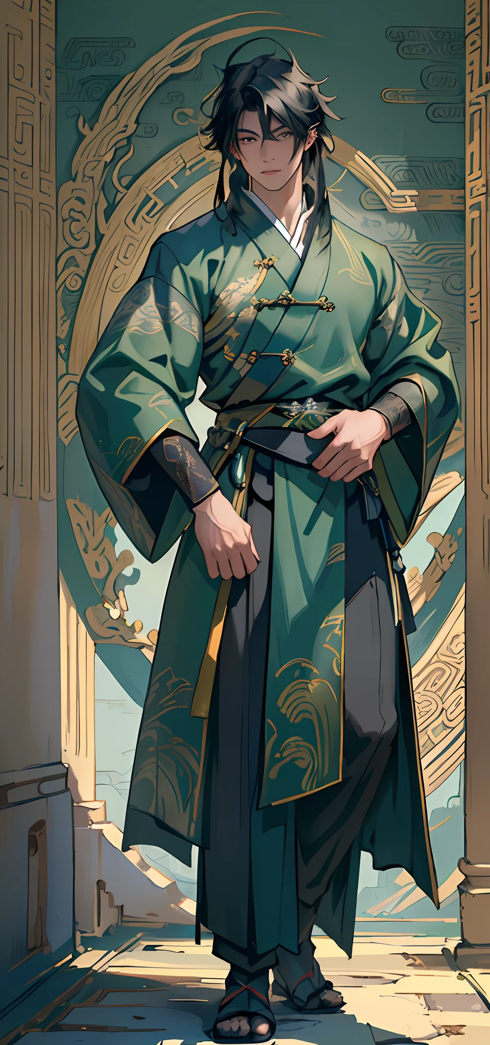 ((masterpiece)) + (best quality)), (extremely detailed+ultra-detailed) ((best light and shadow) + very beautiful) CG wallpaper presentation (ancient Chinese, Hanfu + Tang costume), young man in green (black hair + blue clothes), (facing the camera),full body