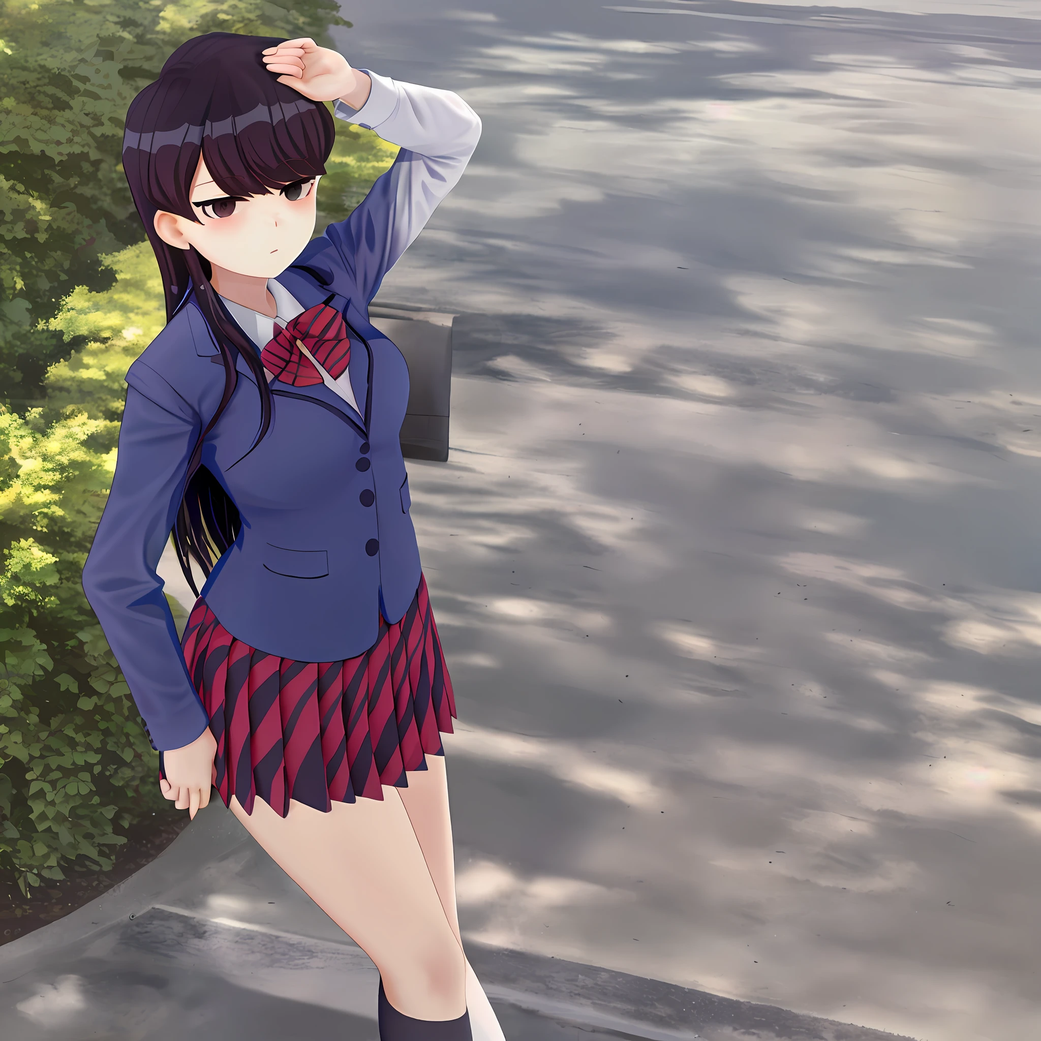 Komi shouko, 1 girl, at the park, looking at viewer, school uniform, outdoor, hand on chest, hand behind, sexy pose, masterpiece,