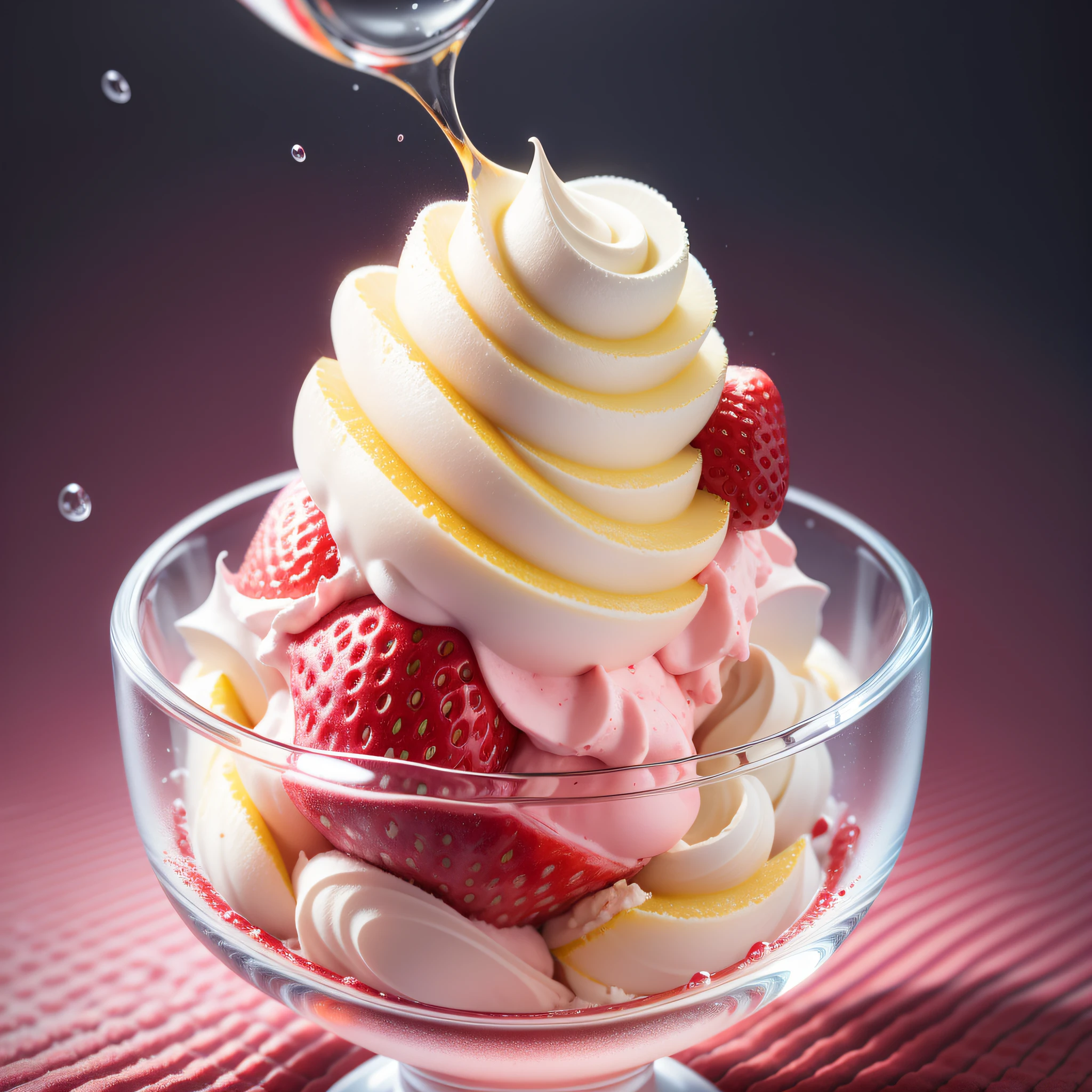 strawberry ice cream sundae, realistic, high detail, complex, sharp focus, 8K, HD, Full HD, Ultra HD, Super Resolution, Mega Pixel, Subsurface scattering, Edge lighting, Edge light, Edge lighting, Edge lighting, Best lighting, refreshing, Lumens reflection, Screen Space Reflection, Post Processing, Post Production, Start Melting Ice Cream, Semi-fluid, Denoising, Shader (Color Fruit Fusion: 0.222) (BRTDRPP:1.122)