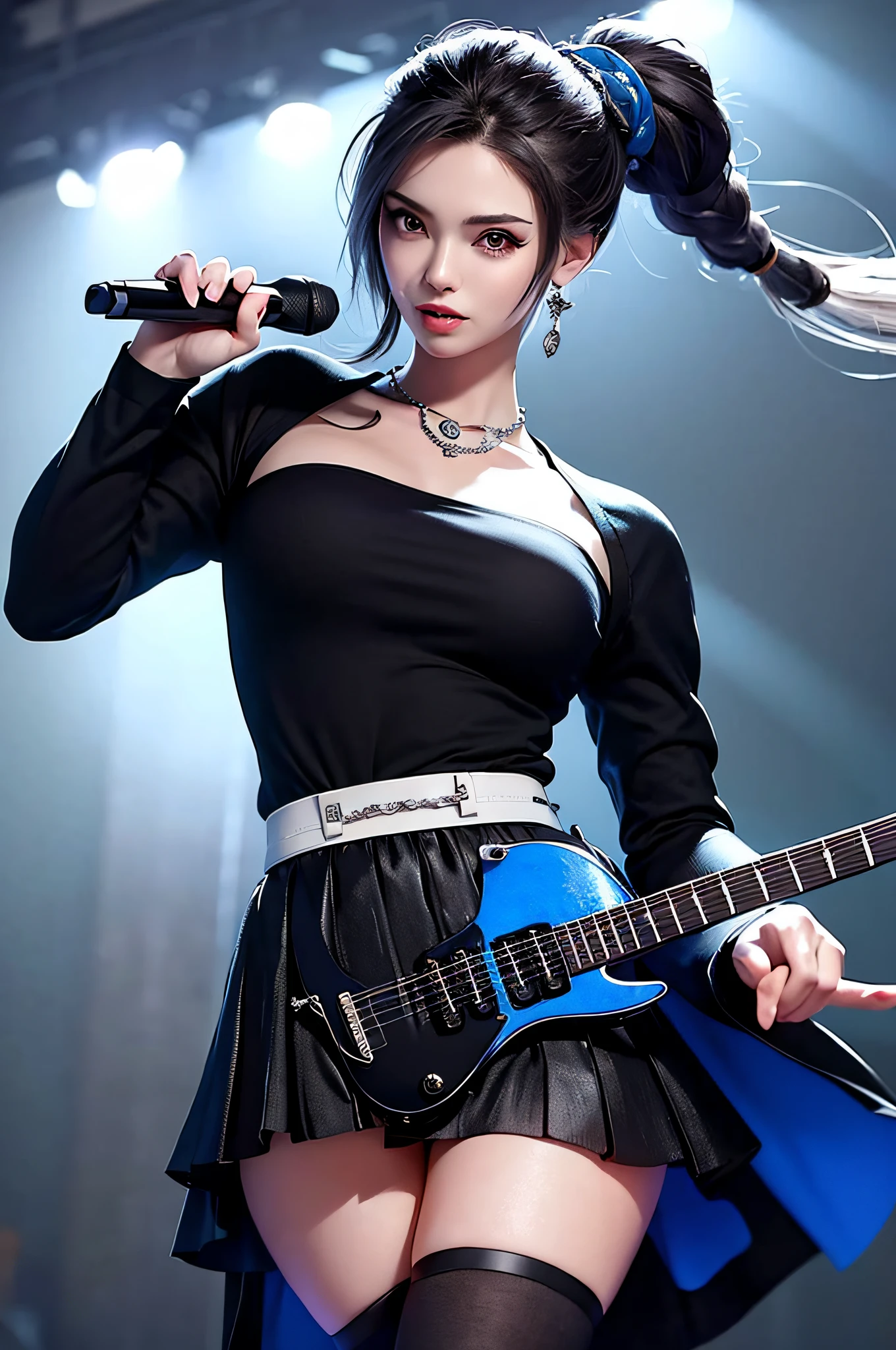 (Best Quality, Masterpiece: 1.2), Super High Resolution, Realistic, Full Lighting, Intricate Details, Exquisite Details and Textures, 1girl, Guitarist playing guitar, The guitar is a blue metal electric guitar mixed with blue and white, Playing electric guitar passionately, He is a very famous guitarist, he is quite popular, he has a lot of fans, the lights in the venue illuminate the characters and the guitar nicely, solo, (young), face highlights, upper body, detailed face, tear spots, white skin, silver hair, ponytail, Braids, viewer, big eyes, earrings, normal breasts, slender body, professional lighting, photon mapping, radiocity, physics-based rendering, wearing a black shirt, a cute black shirt with a tight figure, wearing a dressed shirt over a top, wearing a tanny pleated skirt, a black shirt with long sleeves but folded up to show the cuffs, the expression is singing, the wrinkles between the eyebrows are formed, she is wearing a pretty silver necklace, she is wearing a silver jewelry bracelet, She wears a round watch on her arms, her skirt is almost black, she has a pretty teddy bear hanging from her waist, her hands are only 5 out, the venue is an idol venue, her shirt has a shield-shaped mark on one chest, she is wearing black knee stockings, and it is the background of the stadium venue.