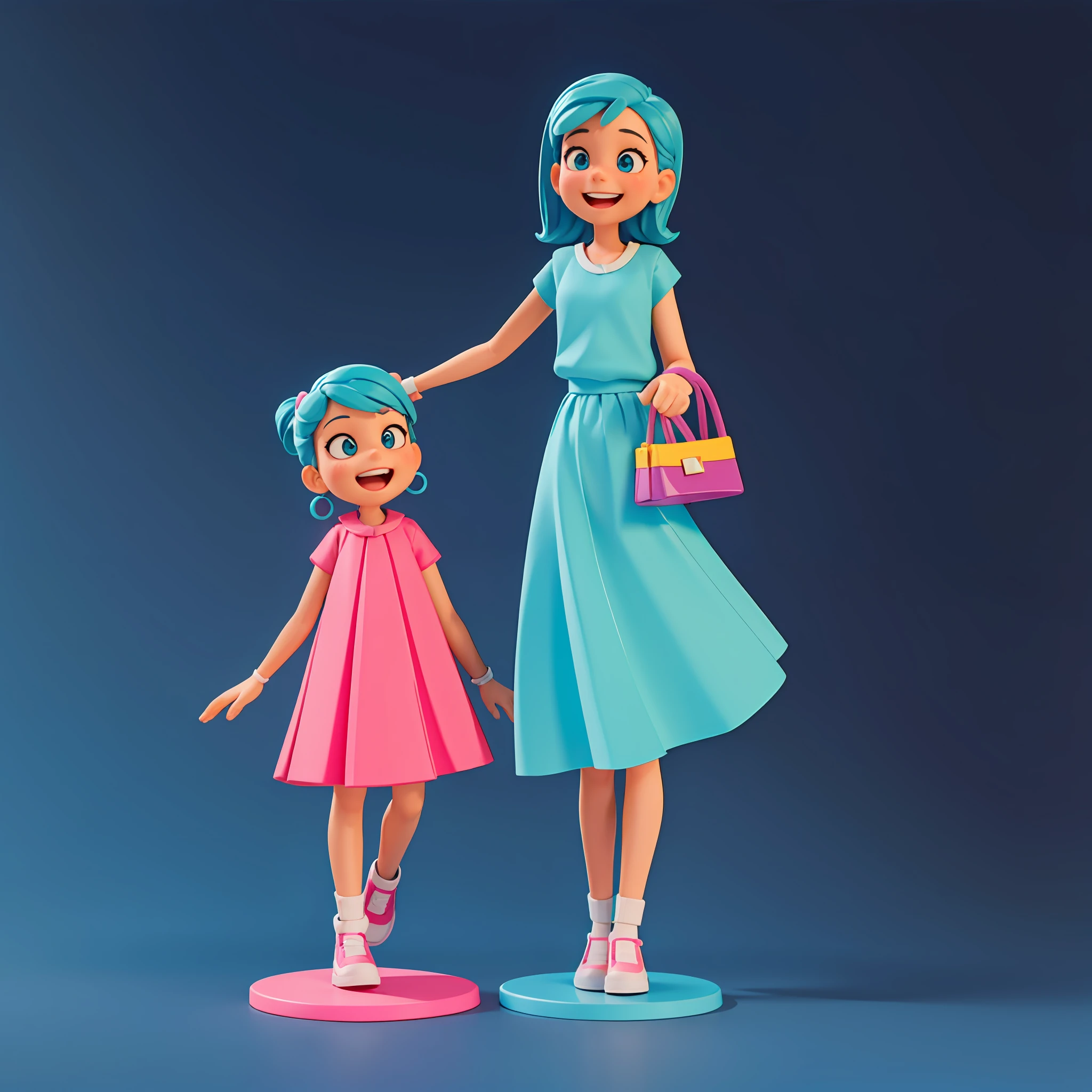 (two people), (middle-aged female: 1.3), (girl), laughing, happy, hugging, (solid color background), wearing trendy clothes, colorful, dreamy, exciting, super cute kids ip by bubble mart, bright colors, model blind box toy, disney style, fine gloss, oc rendering, pastel colors, movie textures, medium close-up, high detail, 3d rendering, high quality, best quality, 8K