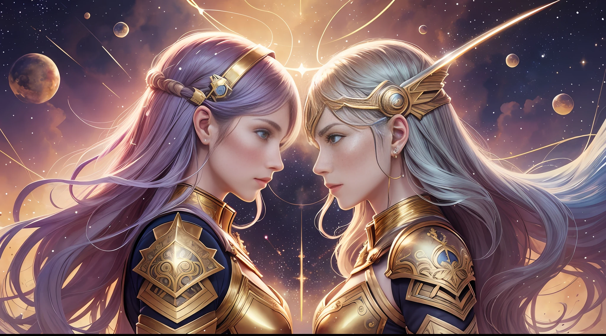 Watercolor, best quality, 8K, constellation, Gemini, two female warriors, golden armor, microcosm, fantasy space, ideal muscle, duality, sociable, Mercury, ornate armor, dynamism,