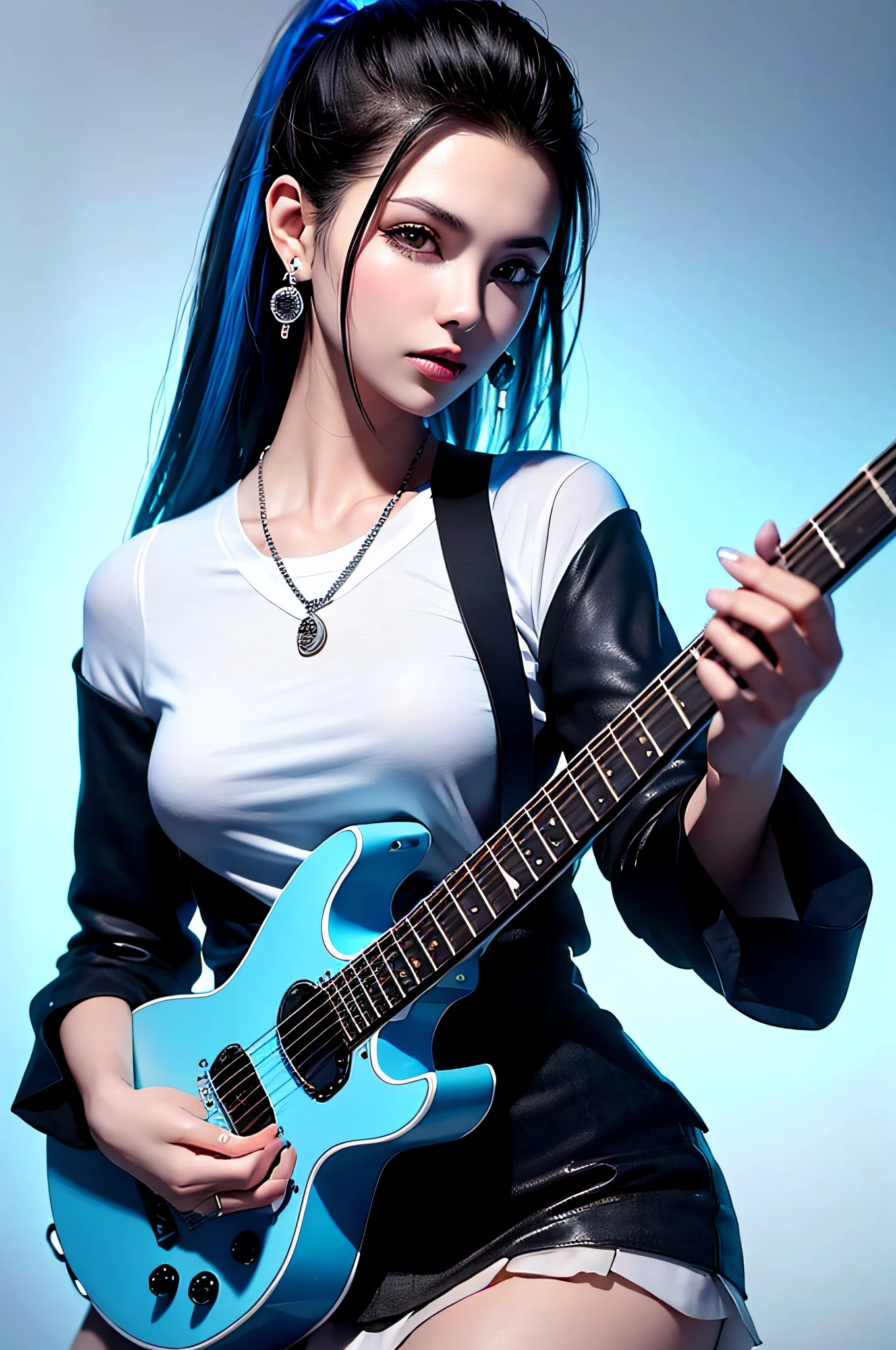 (Best Quality, Masterpiece: 1.2), Super High Resolution, Realistic, Full Lighting, Intricate Details, Exquisite Details and Textures, 1girl, Guitarist playing guitar, The guitar is a blue metal electric guitar mixed with blue and white, Playing electric guitar passionately, He is a very famous guitarist, he is quite popular, he has a lot of fans, the lights in the venue illuminate the characters and the guitar nicely, solo, (young), face highlights, upper body, detailed face, tear spots, white skin, silver hair, ponytail, Braids, viewer, big eyes, earrings, normal breasts, slender body, professional lighting, photon mapping, radiocity, physics-based rendering, wearing a black shirt, a cute black shirt with a tight figure, wearing a dressed shirt over a top, wearing a tanny pleated skirt, a black shirt with long sleeves but folded up to show the cuffs, the expression is singing, the wrinkles between the eyebrows are formed, she is wearing a pretty silver necklace, she is wearing a silver jewelry bracelet, She wears a round watch on her arms, her skirt is almost black, she has a pretty teddy bear hanging from her waist, her hands are only 5 out, the venue is an idol venue, her shirt has a shield-shaped mark on one chest, she is wearing black knee stockings, and it is the background of the stadium venue.