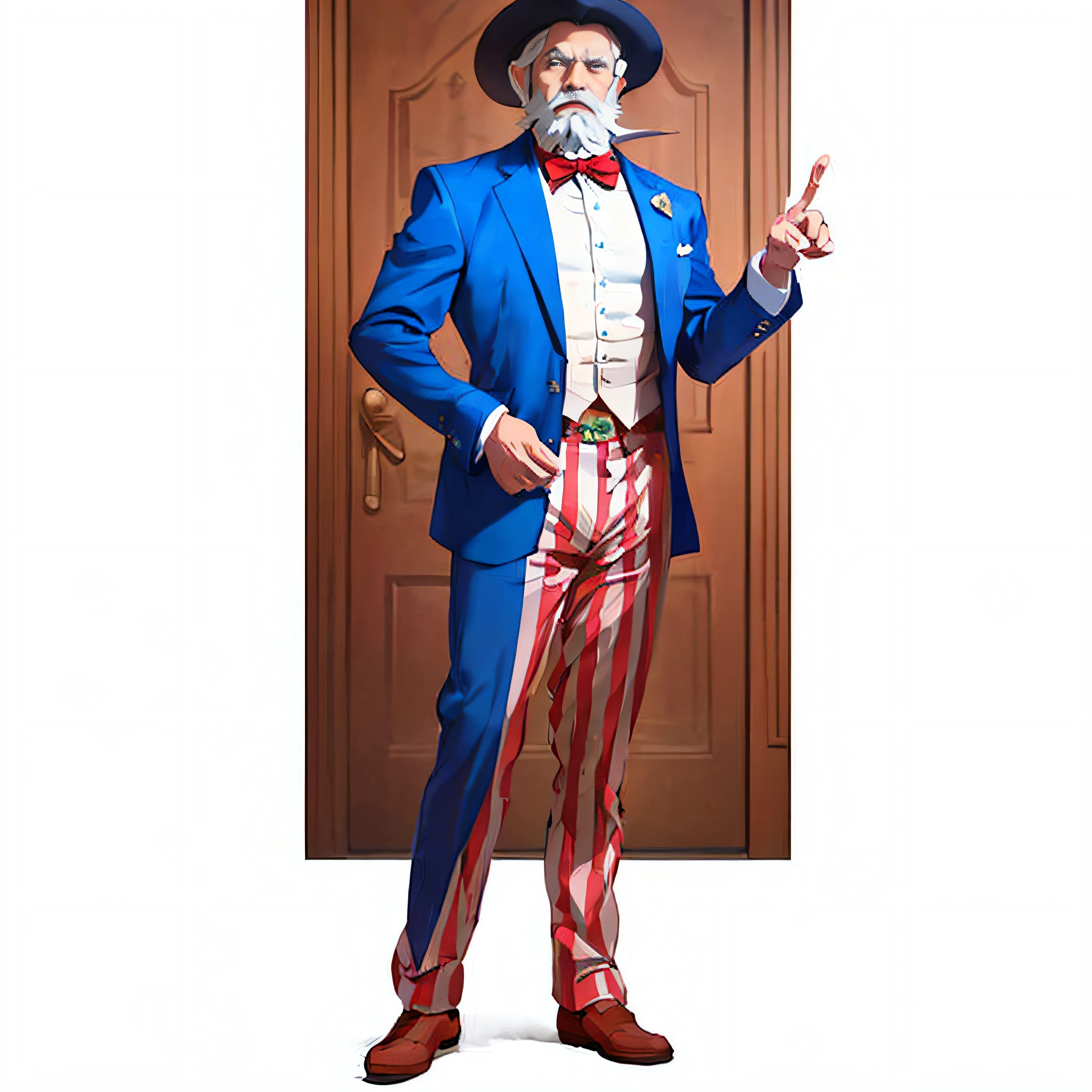 (white background) (8k, original, photo, best quality, masterpiece), (radiosity, physically based rendering, auto white balance), cartoon, 2D, unity, official art, amazing, fine details, extremely delicate beauty, very detailed, uncle sam, hat with star texture, fingers pointing forward, american style, white shirt, blue suit, red and white striped pants, disney style, red bow, ghibli-like color, anime style, white beard on chin, smooth beard, clean beard, 5 fingers, old one, index finger pointing forward,