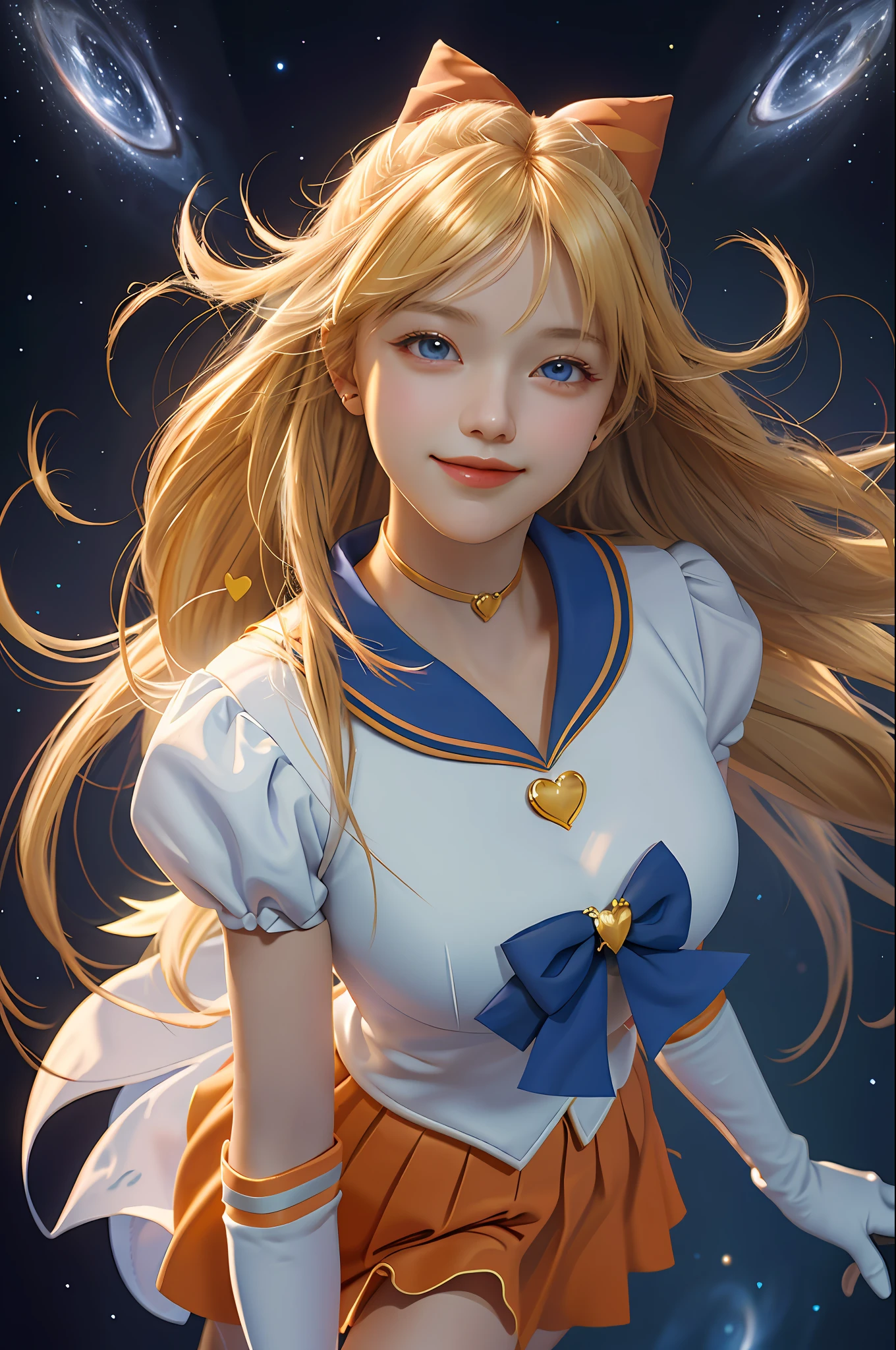 (masterpiece, best quality;1.3), extremely detailed CG, ultra detailed, 1girl, solo,  smile,  looking at viewer, stylish ungle, blonde long hair,blue eyes,
sv1, sailor senshi uniform, orange skirt, elbow gloves, tiara, orange sailor collar, red bow, orange choker, white gloves, jewelry, from above,
many hearts, face focus,Venus,tornado,abstract background, hearts storm, haert beam, heart bubbles, heart baloons, haert stars, heart flowers, HEART LIGHTS, heart world, heart background, galaxy background, heart weapon, heart aura,