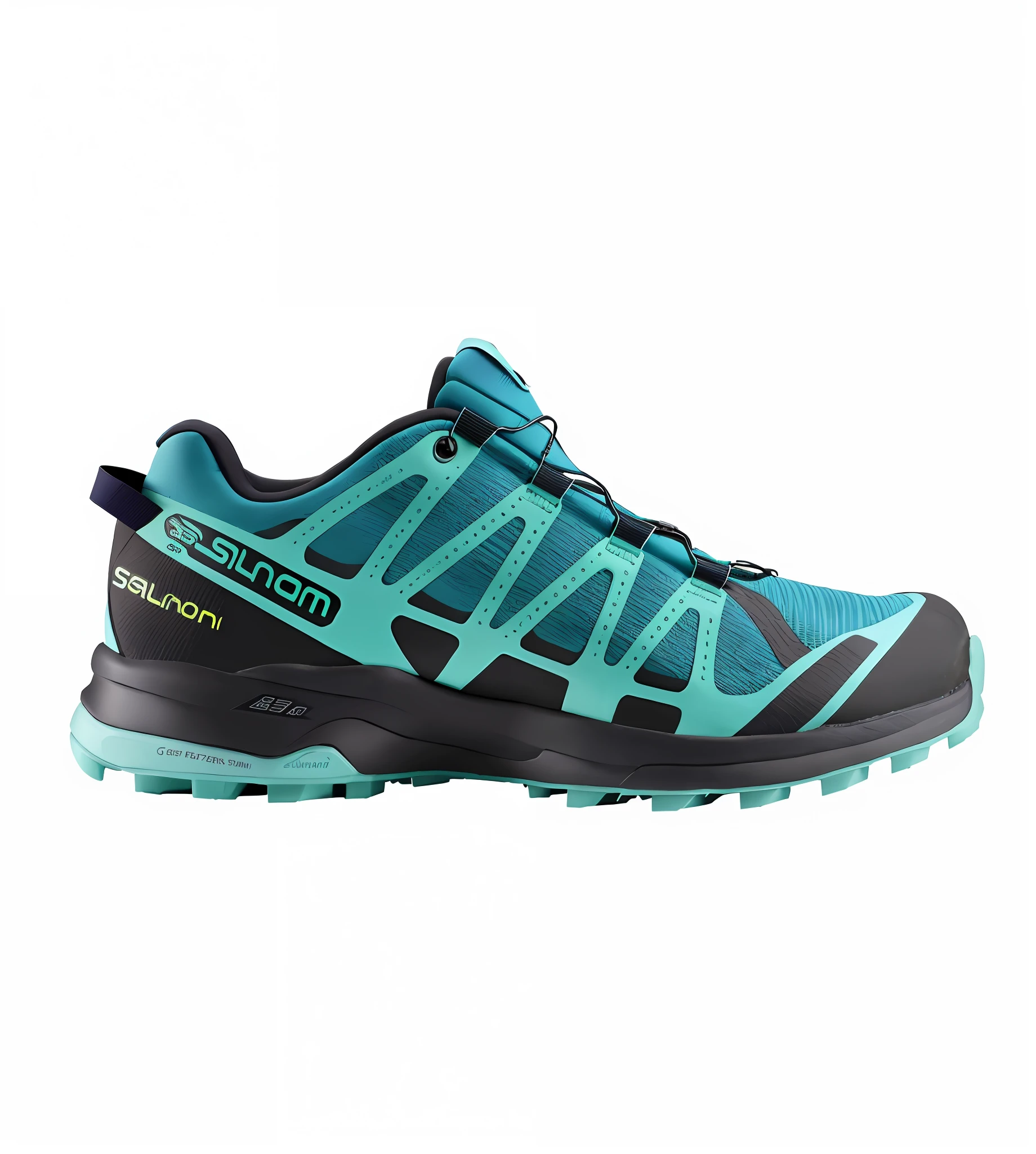 a close up of a pair of shoes with a blue and green color, salomon, running shoes, dynamic pearlescent teal light, item, 4k/8, ladies, dark teal, black blue green, dr 8 k, 3/4 side view, spartan, 3d 4k, 3 d 4 k, ultra realistic”, ultra realistic ”