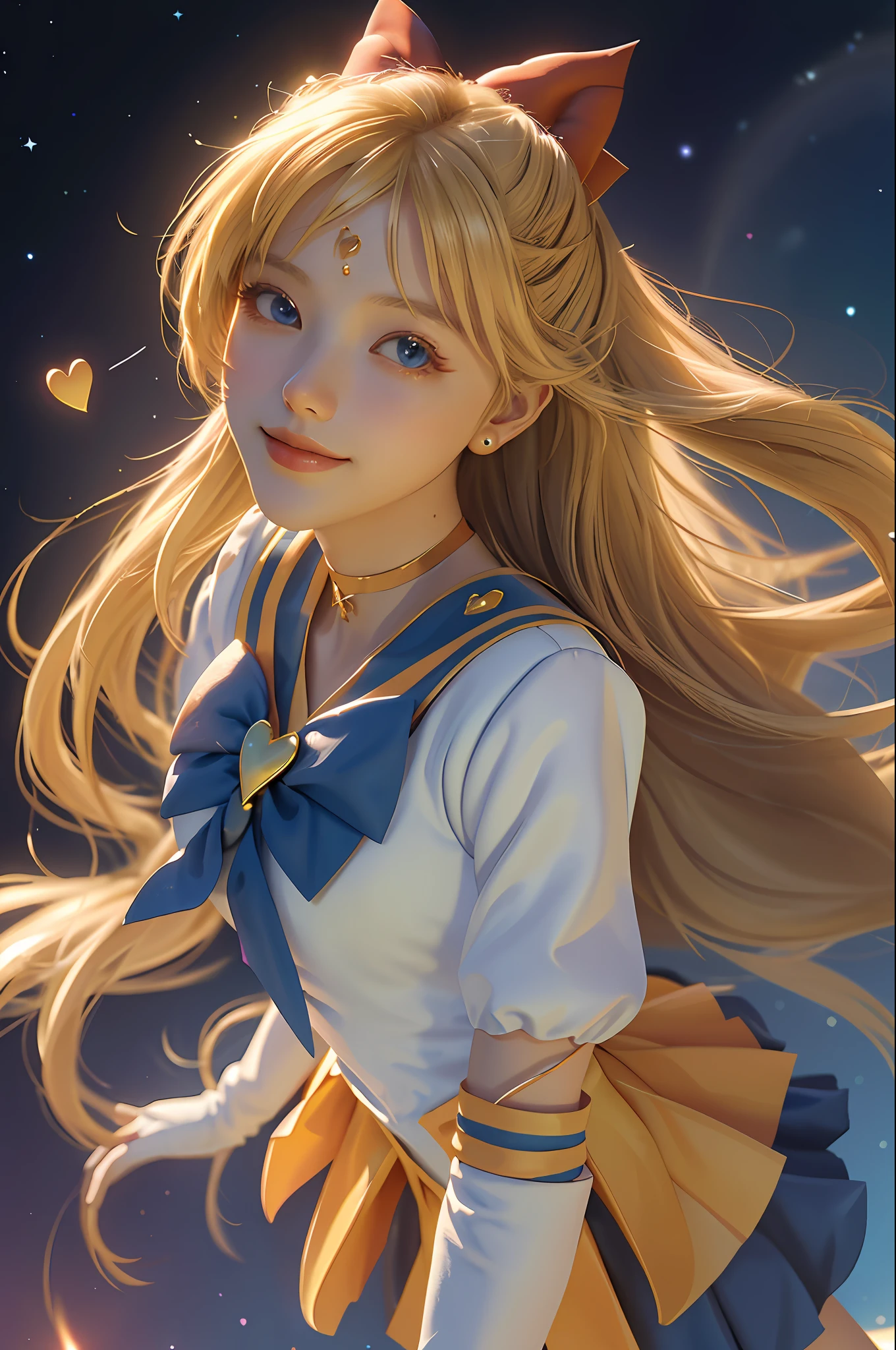(masterpiece, best quality;1.3), extremely detailed CG, ultra detailed, 1girl, solo, smile, looking at viewer, stylish ungle, blonde long hair,blue eyes,
sv1, sailor senshi uniform, orange skirt, elbow gloves, tiara, orange sailor collar, red bow, orange choker, white gloves, jewelry, from above,
many hearts, face focus,Venus,tornado,abstract background, hearts storm, haert beam, heart bubbles, heart baloons, haert stars, heart flowers, HEART LIGHTS, heart world, heart background, galaxy background, heart weapon, heart aura,