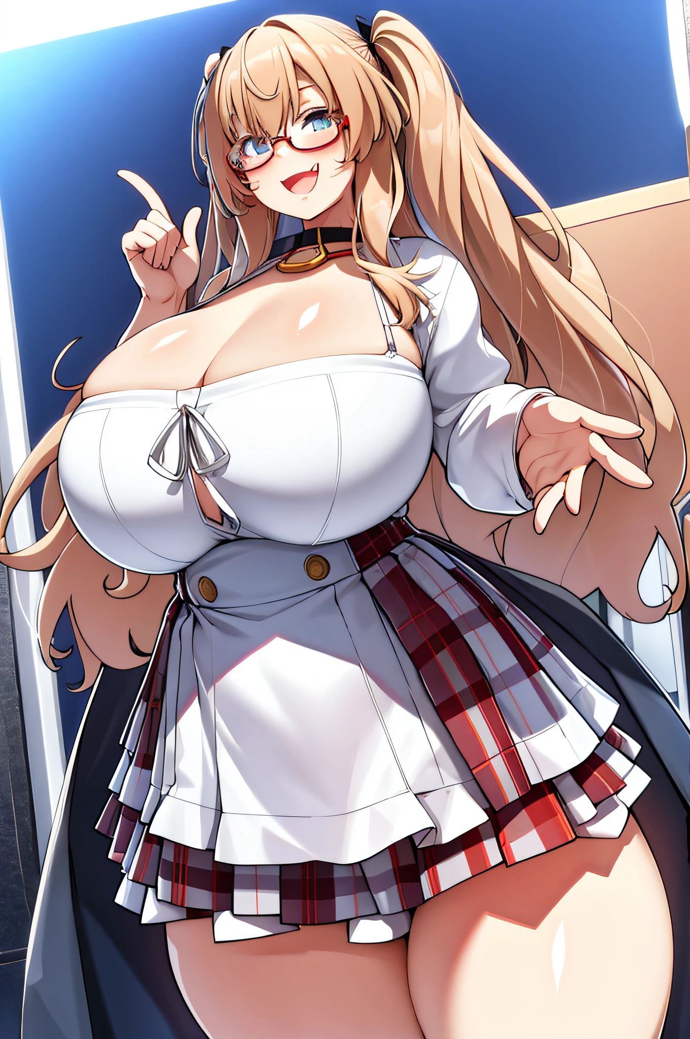 1girl, solo, long hair, glasses, blonde hair, (((giant breasts: 1.3))), large breasts, twin tails, (thighs: 1.2), heavy blush, (thick thighs: 1.3), heavy blush, wide hips, choker, heavy blush, (happy: 1.3), simple background, shiny skin, wet skin, inside, facing the viewer, (cleavage), ((lewd)), best quality, smiling, white dress, plaid dress, open mouth, fang, short skirt, front,