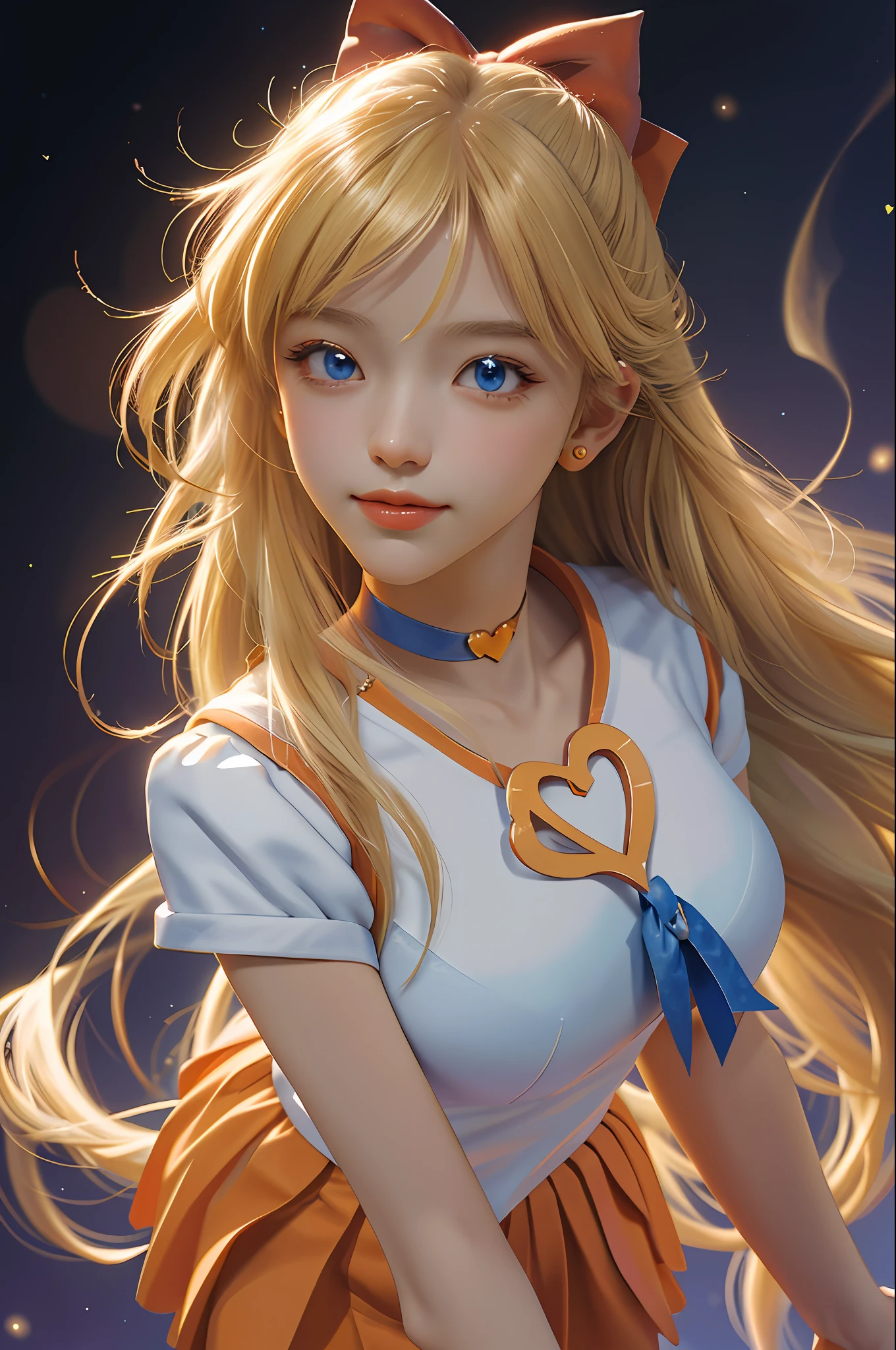 (masterpiece, best quality;1.3), extremely detailed CG, ultra detailed, 1girl, solo,  smile,  looking at viewer, stylish ungle, blonde long hair,blue eyes,
sv1, sailor senshi uniform, orange skirt, elbow gloves, tiara, orange sailor collar, red bow, orange choker, white gloves, jewelry, from above,
many hearts, face focus,Venus,tornado,abstract background, hearts storm, haert beam, heart bubbles, heart baloons, haert stars, heart flowers, HEART LIGHTS, heart world, heart background, galaxy background, heart weapon, heart aura,