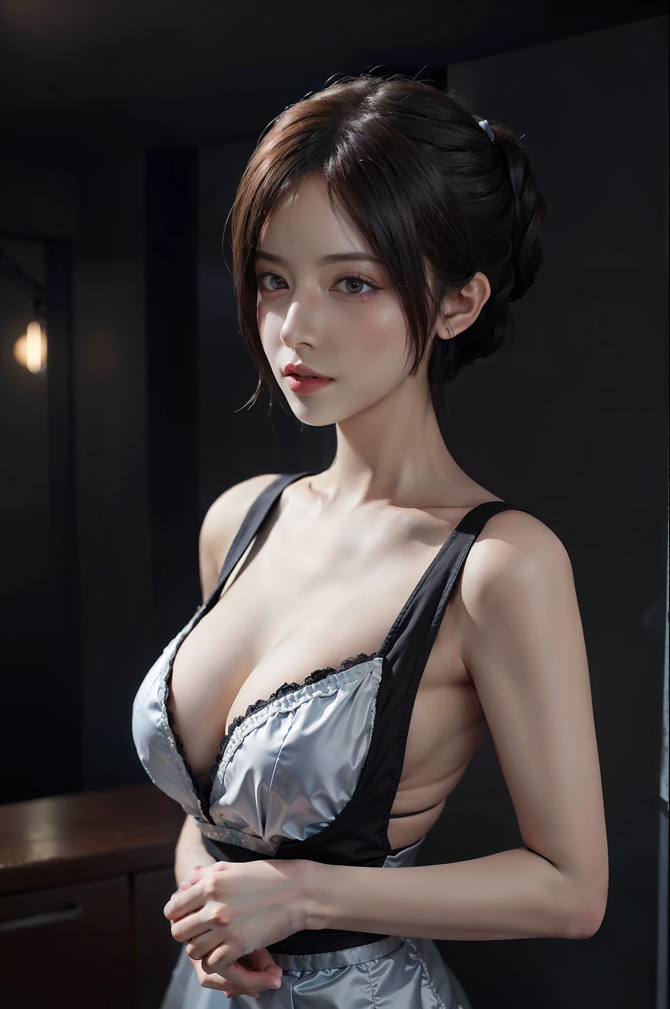 3 40 year old woman, wearing maid clothes, short black hair, sexual posing, soft lighting, building fuse, Unreal Engine, 8K, artistic, artistic, detailed clothing, 16:9,