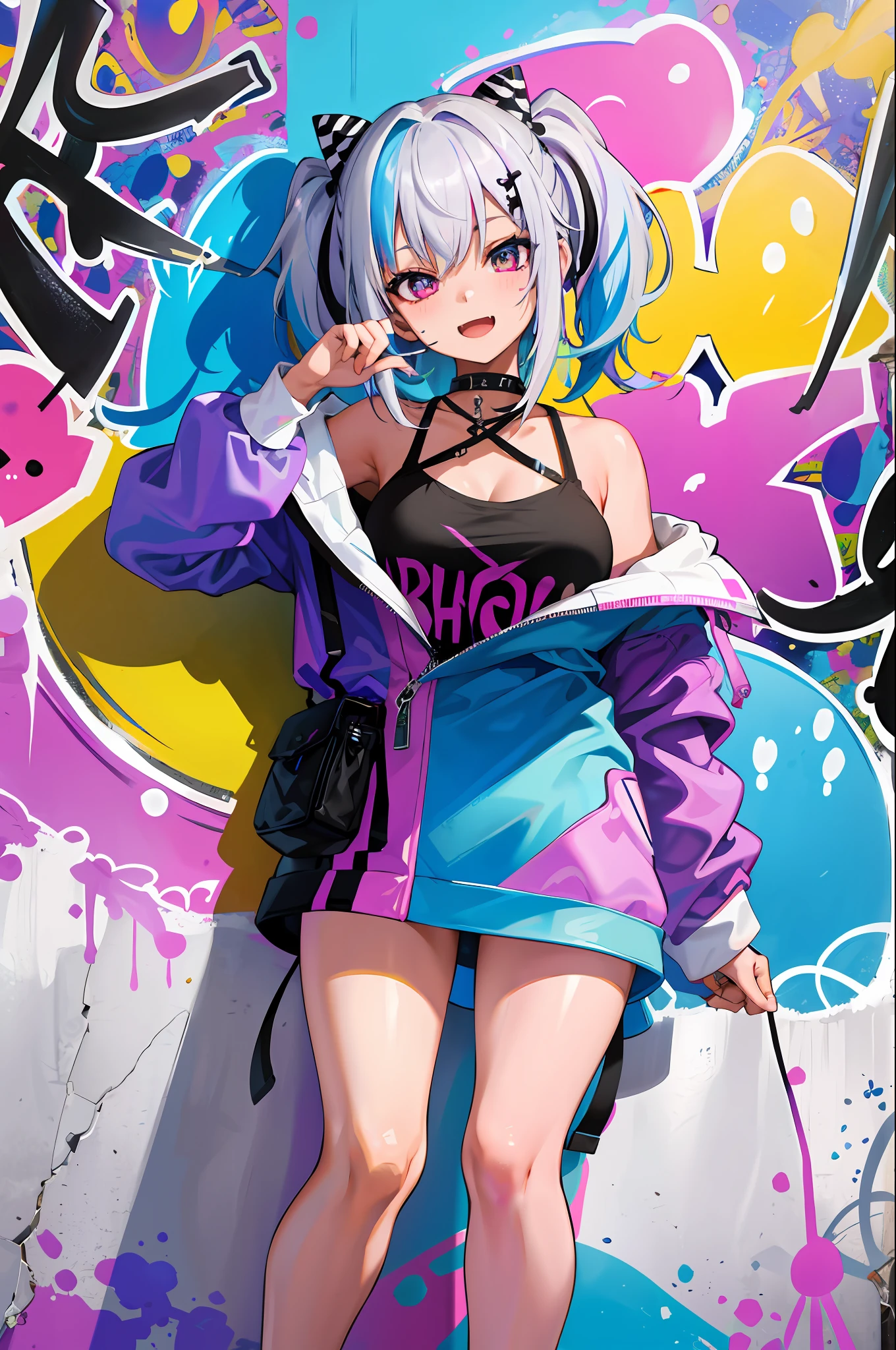 masterpiece, high quality, highres, absurdres, ultra-detailed, 8k, 1girl, medium breasts, platinum grey hair, blue hair, multicolored hair, gradient hair, open mouth, fang, looking at viewer, (holding spray paint can), oversized clothes, colorful eyes, (messy painted body:1.05), (graffiti murals wall background:1.15), seductive smile, brilliant colorful paintings, bloom, portrait, cross hair ornament