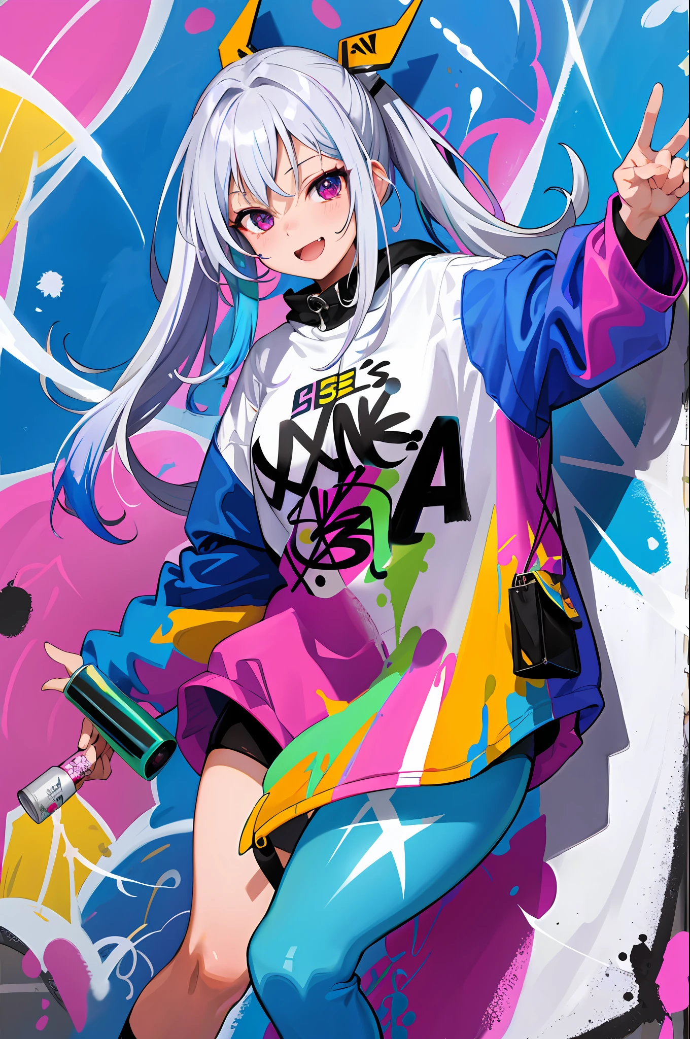 masterpiece, high quality, highres, absurdres, ultra-detailed, 8k, 1girl, medium breasts, platinum grey hair, blue hair, multicolored hair, gradient hair, open mouth, fang, looking at viewer, (holding spray paint can), oversized clothes, colorful eyes, (messy painted body:1.05), (graffiti murals wall background:1.15), seductive smile, brilliant colorful paintings, bloom, portrait, cross hair ornament