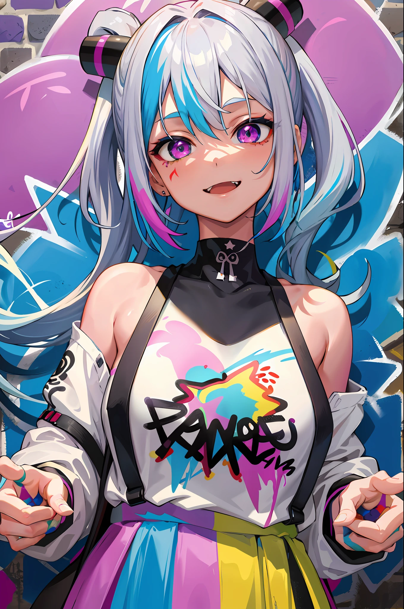 masterpiece, high quality, highres, absurdres, ultra-detailed, 8k, 1girl, medium breasts, platinum grey hair, blue hair, multicolored hair, gradient hair, open mouth, fang, looking at viewer, (holding spray paint can), oversized clothes, colorful eyes, (messy painted body:1.05), (graffiti murals wall background:1.15), seductive smile, brilliant colorful paintings, bloom, portrait, cross hair ornament