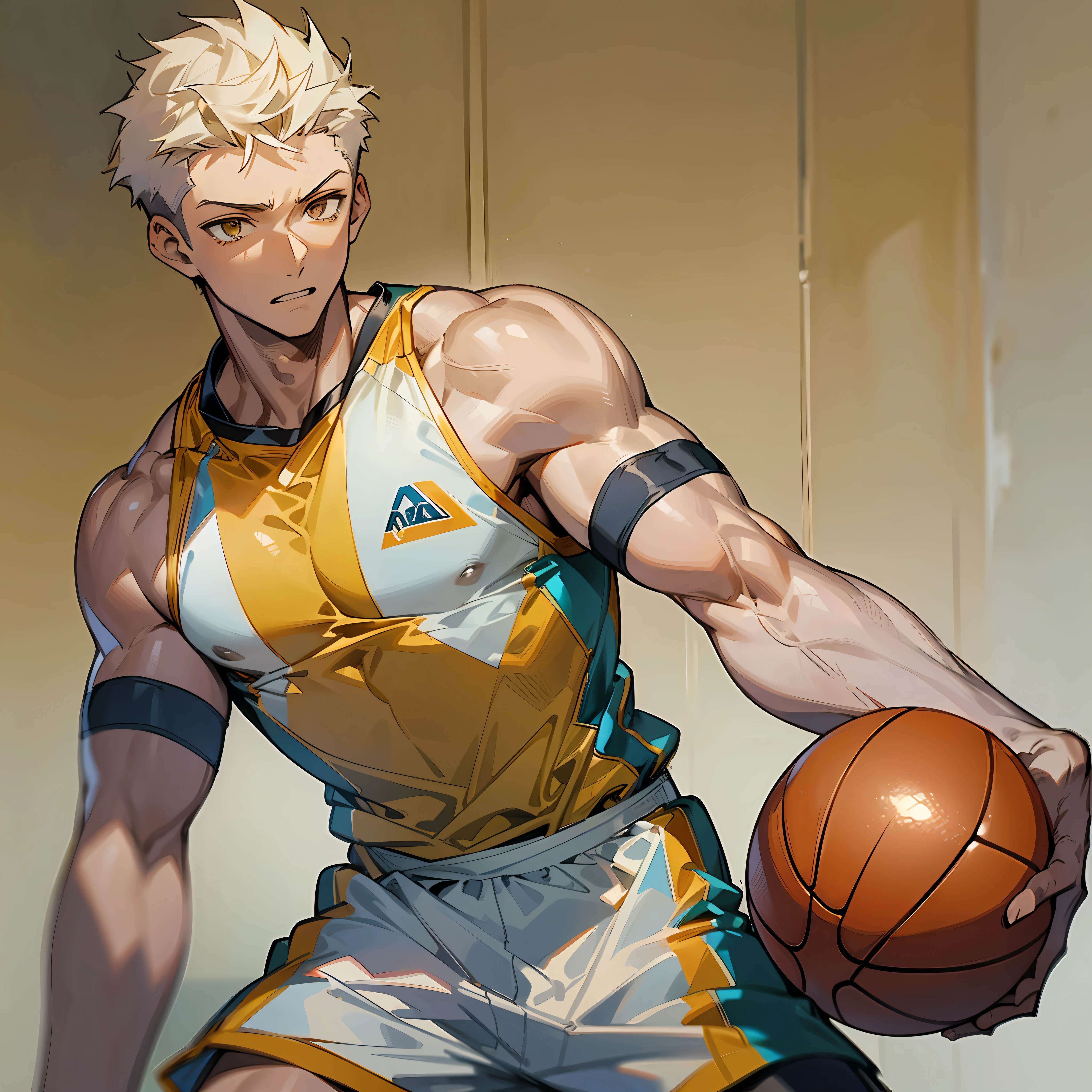 Masterpiece, anime CG, boy, white spiked short hair, wheat-colored skin, muscles, sports boy, wearing basketball uniform, smooth texture, silk texture , golden pupils, perfect eyes --auto --s2