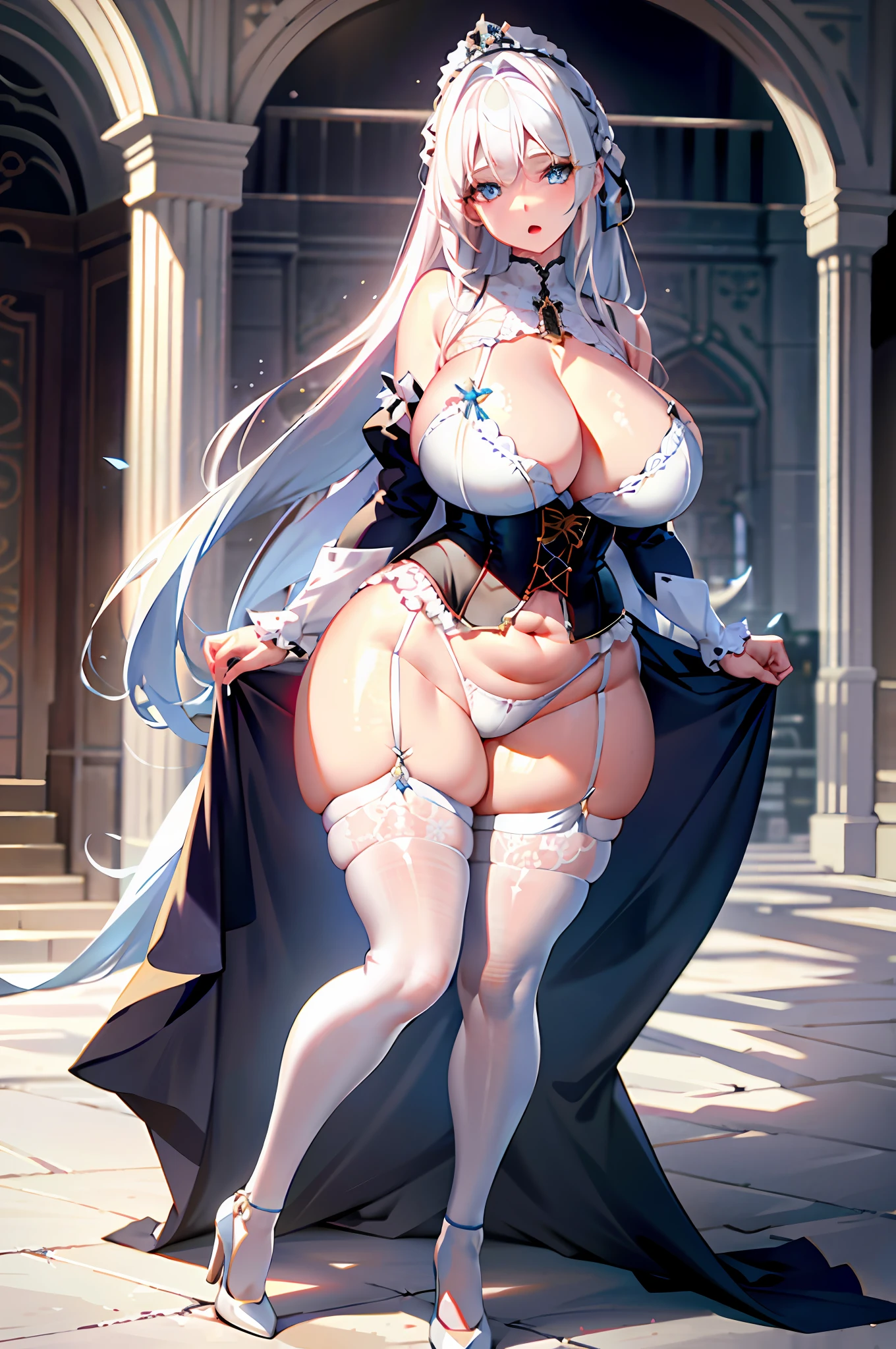 Ultra-realistic 8k CG, beautiful girl with white hair, blue eyes, open mouth, puffy, plump body, corset breast, fleshy thighs, white floral pattern stockings, high heels, full body, looking at the audience, symmetry, add_detail:1.5