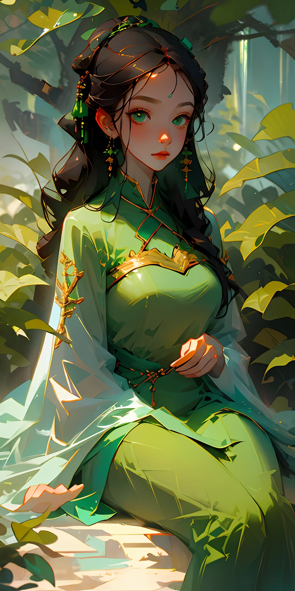 (Masterpiece, best quality), 1 girl sitting in field of greenery and flowers, clear face, ancient Chinese costume, Hanfu, ancient hair ornament, jewelry, sunshine, epic composition, highest quality, 8K