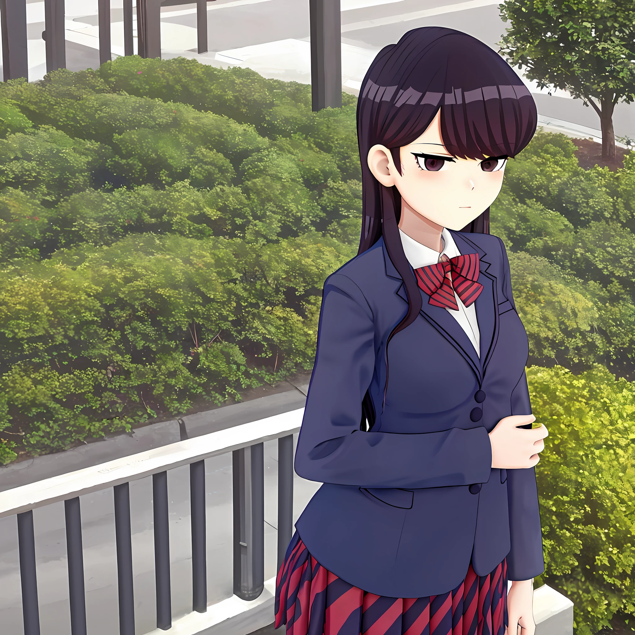 Komi shouko, 1 girl, at the park, looking at viewer, school uniform, outdoor, hand on chest, hand behind, sexy pose, masterpiece, upper body,