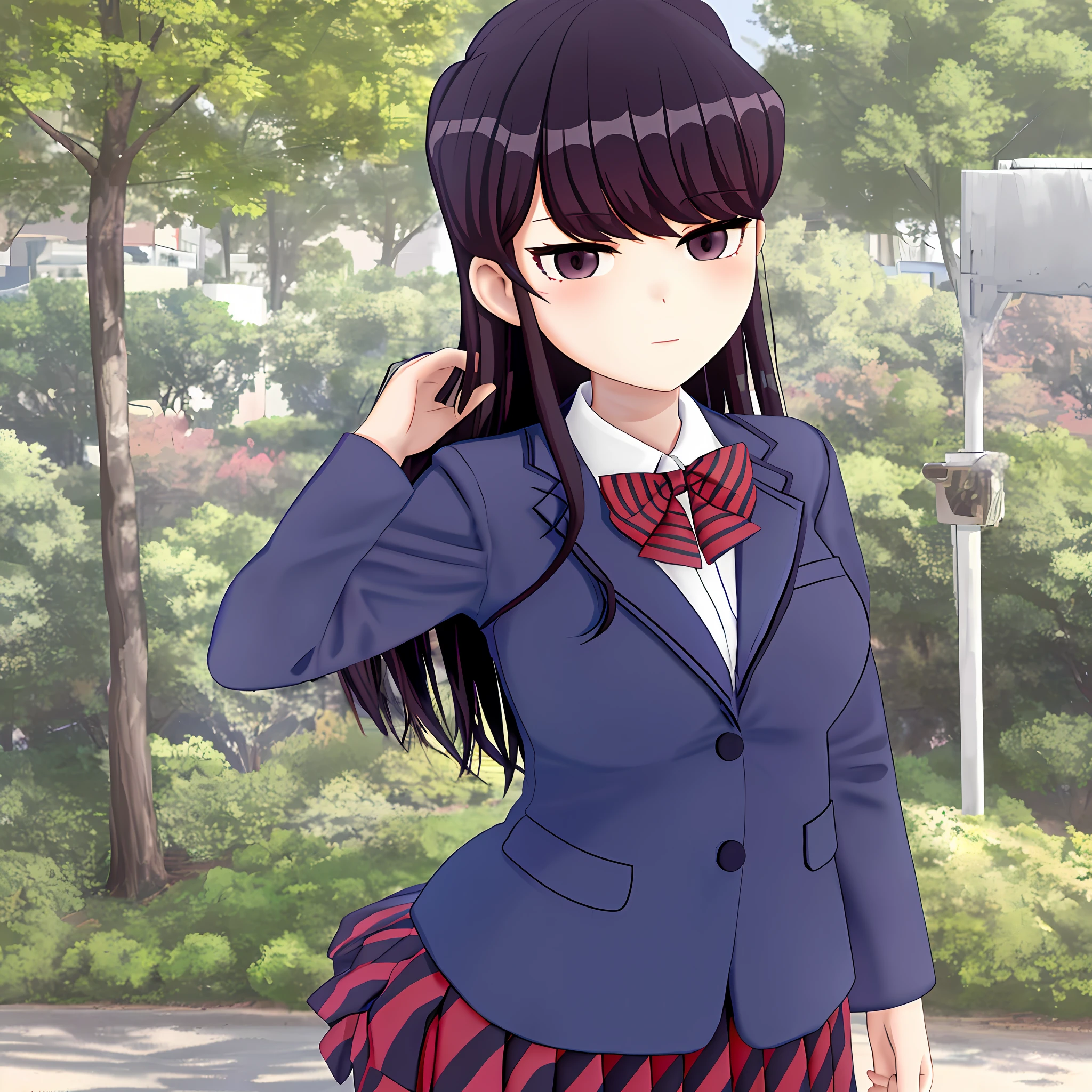 Komi shouko, 1 girl, at the park, looking at viewer, school uniform, outdoor, hand on ?????, hand behind, ???? pose, masterpiece, upper body,