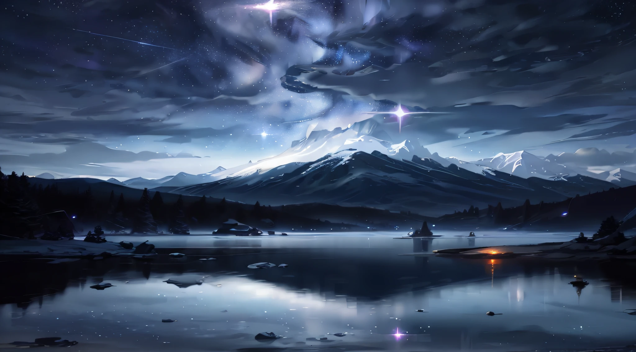 Starry Sky with Mountains and Lake, Jessica Rossier, Inspired by Jessica Rossier, Jessica Rossier Fantasy Art, Concept Art Magic Highlights, Official Artwork, Dream Painting, Ethereal Realm, Atmospheric artwork, dreamy matte paintings, serene endless stars inspired by Ted Nasmith, moonlit starry environments, epic music album covers.