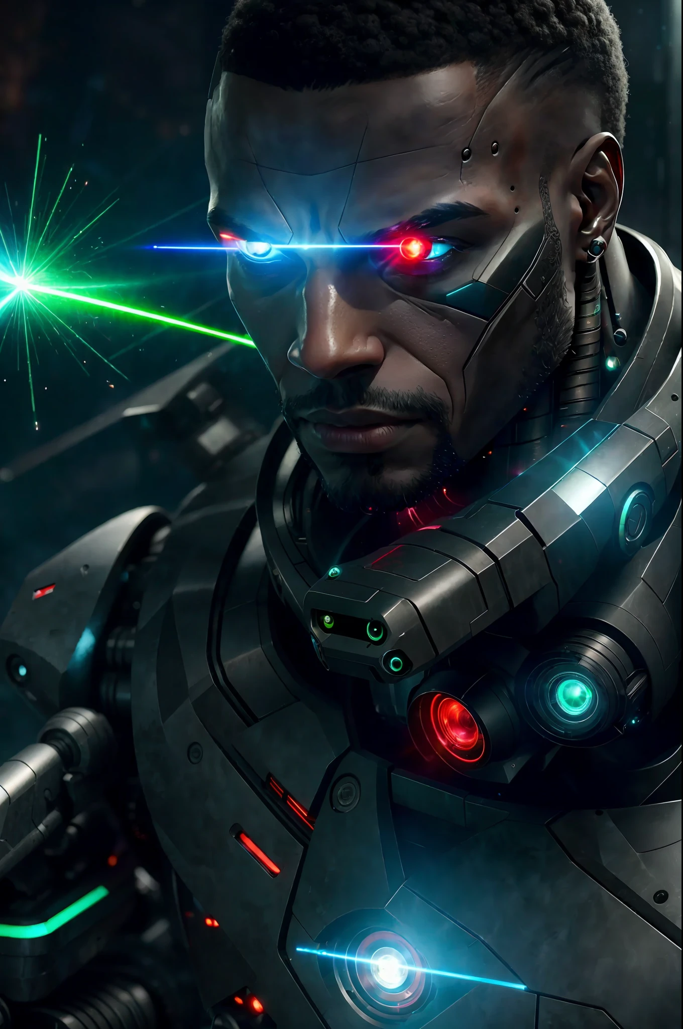 (highly detailed: 1.2),(best quality:1.2),8k,sharp focus,(subsurface scattering:1.1),(nsfw:1.1), (award-winning photo:1.2),1black man(many detailed black tattoos on face :1.2), by emb-rrf-low,(many thick black tattoos on the nose and eyes of the body:1.2),(approximate image:1.2), (separation of facial segments:1.1), (deep seams on the face and body:1.2) (beautiful cyborg with scifi laser gun:1.3), (firing lasers at enemy robots:1.3), (dynamic action stance:1.2), neon glow under skin (very detailed clothing:1.2), (highly detailed background:1.3), RPG, Elden Ring, (scifi:1.2), (hyperrealistic:1.2), dramatic lighting,artstation, artgerm, greg rutkowski, alphonse mucha, trend in artstation, trend in deviantart, wlop