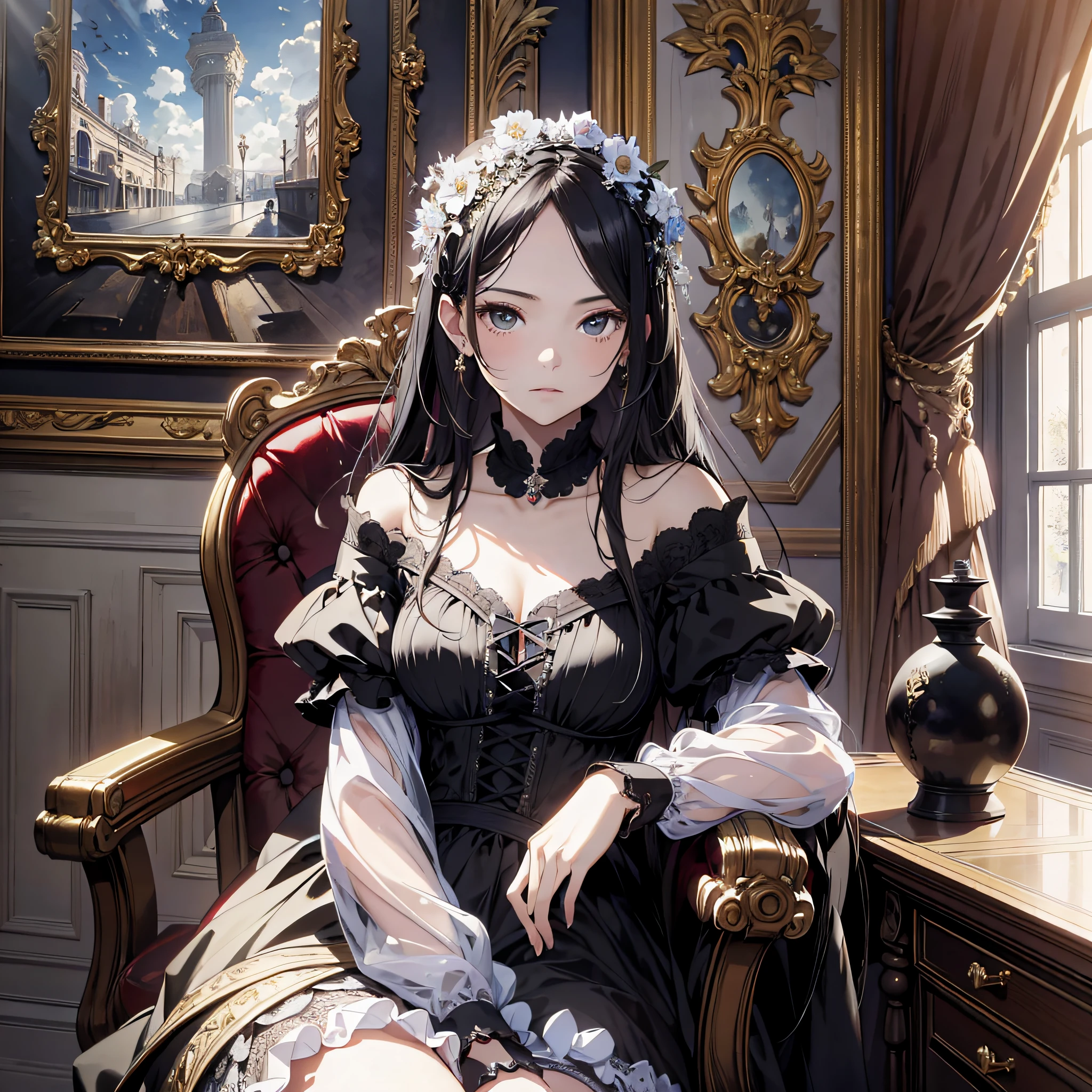 Absurd resolution, high resolution, (masterpiece: 1.4), hyperdetail, ung woman, rich princess, casual dress black haired young woman, melancholic expression, inside the mansion