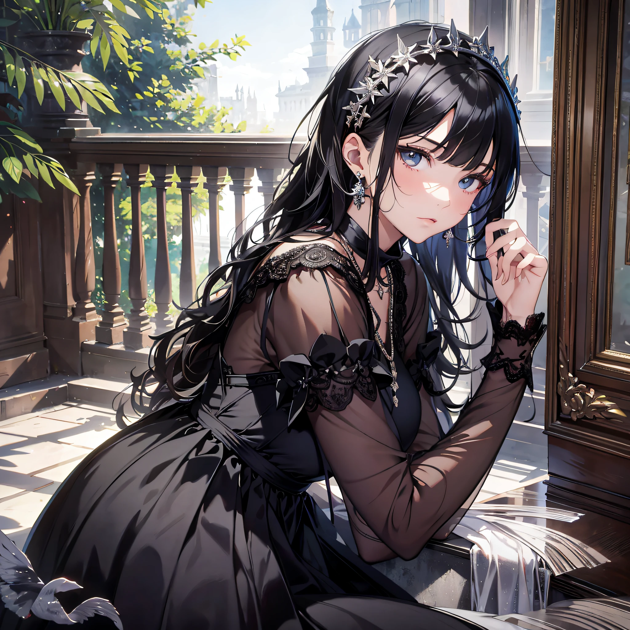 Absurd resolution, high resolution, (masterpiece: 1.4), hyperdetail, ung woman, rich princess, casual dress black haired young woman, melancholic expression, inside the mansion