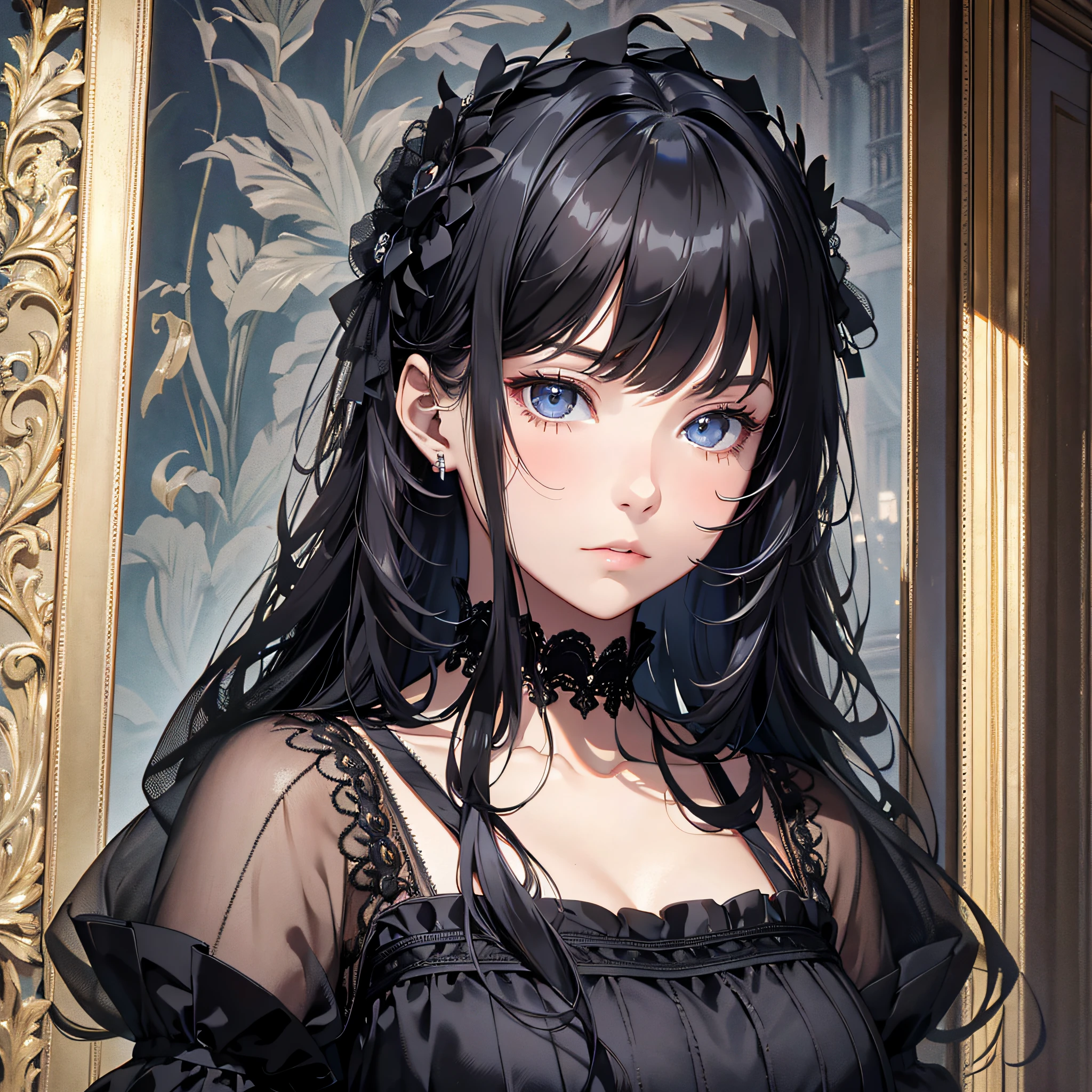 Absurd resolution, high resolution, (masterpiece: 1.4), hyperdetail, 1 young woman, rich princess, casual dress black haired young woman, melancholic expression, inside the mansion