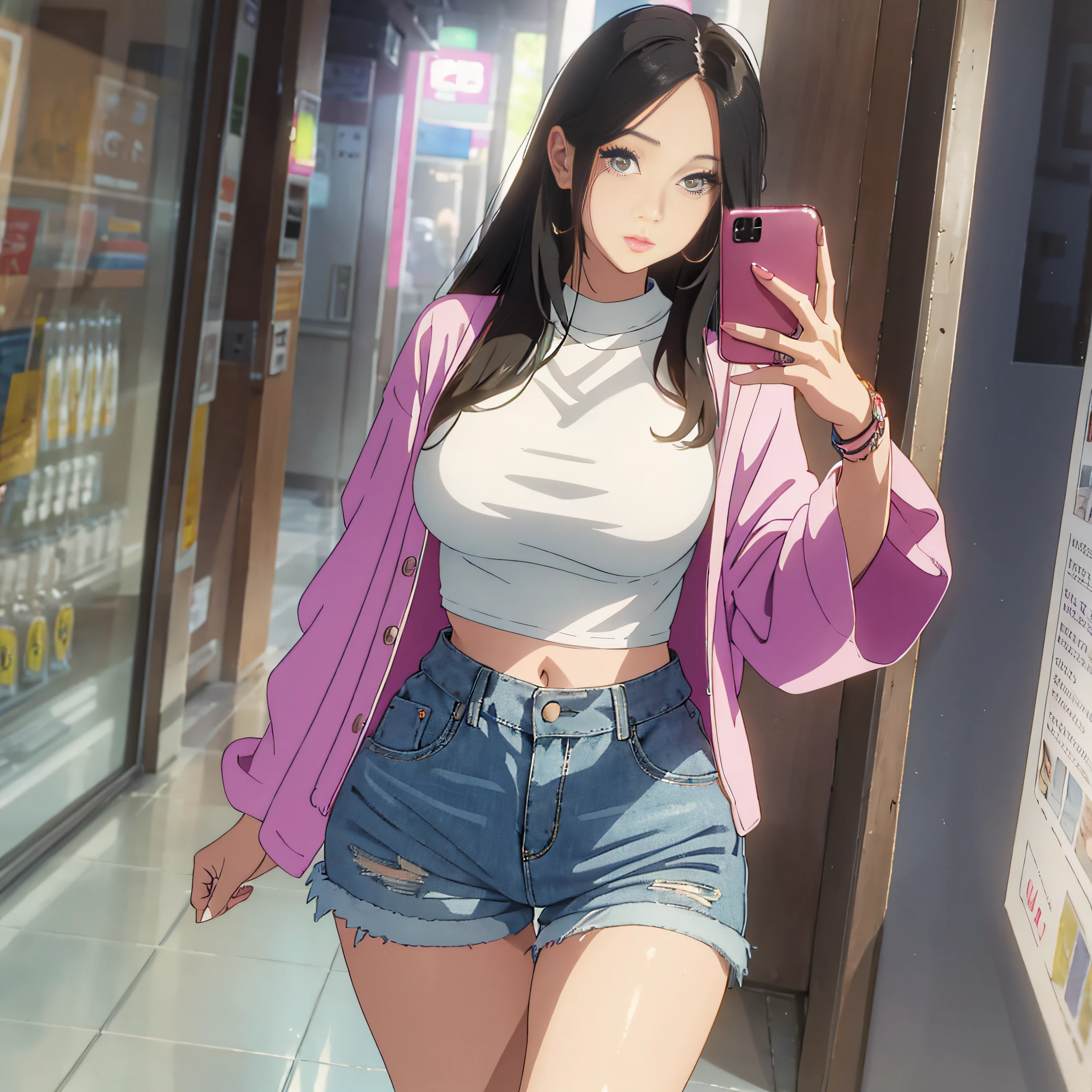 Fashion-forward girl with curves takes a selfie in shorts and a long-sleeved top while holding her iPhone. --auto --s2
