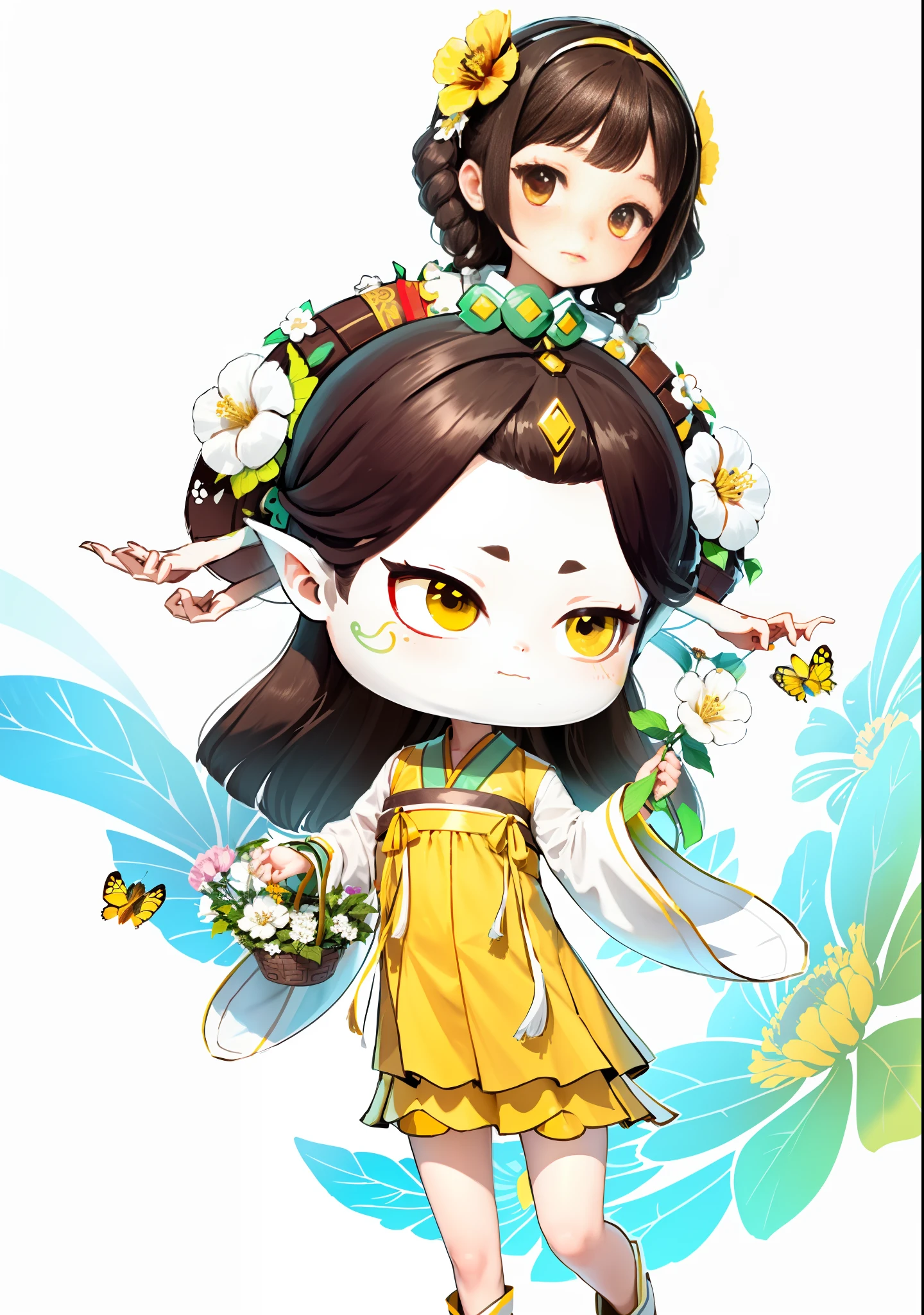 A cute girl with dark brown hair, ancient Chinese hair, holding a flower basket in one hand, holding a white hibiscus flower in the other hand, next to a butterfly, white hibiscus flowers on both sides of the hair, some metal flower headdress, yellow skirt, sleeves and shoulders of the clothes are light green, the scene has two butterflies playing, the color blocks are bright, the colors are bright, the colors are bright, the line art, infinite details, fine painting, beautifully depicted, blank background