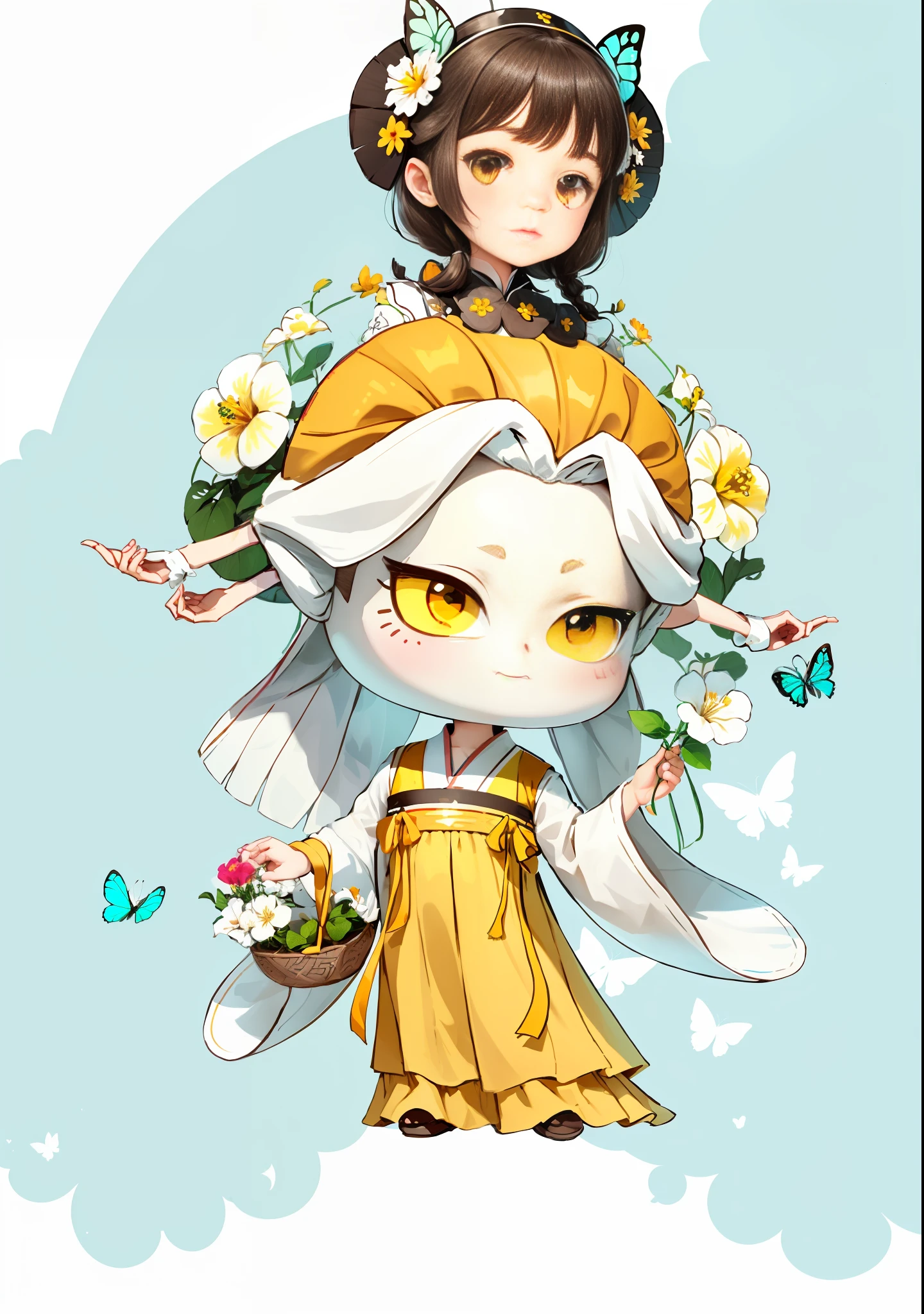 A cute girl with dark brown hair, holding a flower basket in one hand, ancient Chinese hairline, holding a white hibiscus flower in the other hand, next to a butterfly, white hibiscus flowers on both sides of the hair, some metal flower headdress, yellow skirt, sleeves and shoulders of the clothes are yellow-green, the scene has two butterflies frolicking, the color blocks are bright, the colors are bright, the colors are bright, the line art, infinite details, fine painting, beautifully depicted, blank background