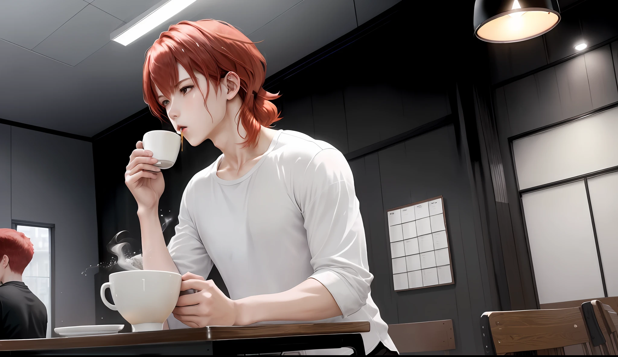 A young boy with white skin, short red hair, anime hair, hair up, straight hair, red hair hair, wavy hair, slin body, fitness body, strong body, drinking coffee, relaxed look, black clothes (white blouse and black pants), eating pancakes, cafeteria map, lighting, realistic lighting, radiosity, anime style, particle rain, realistic particles.