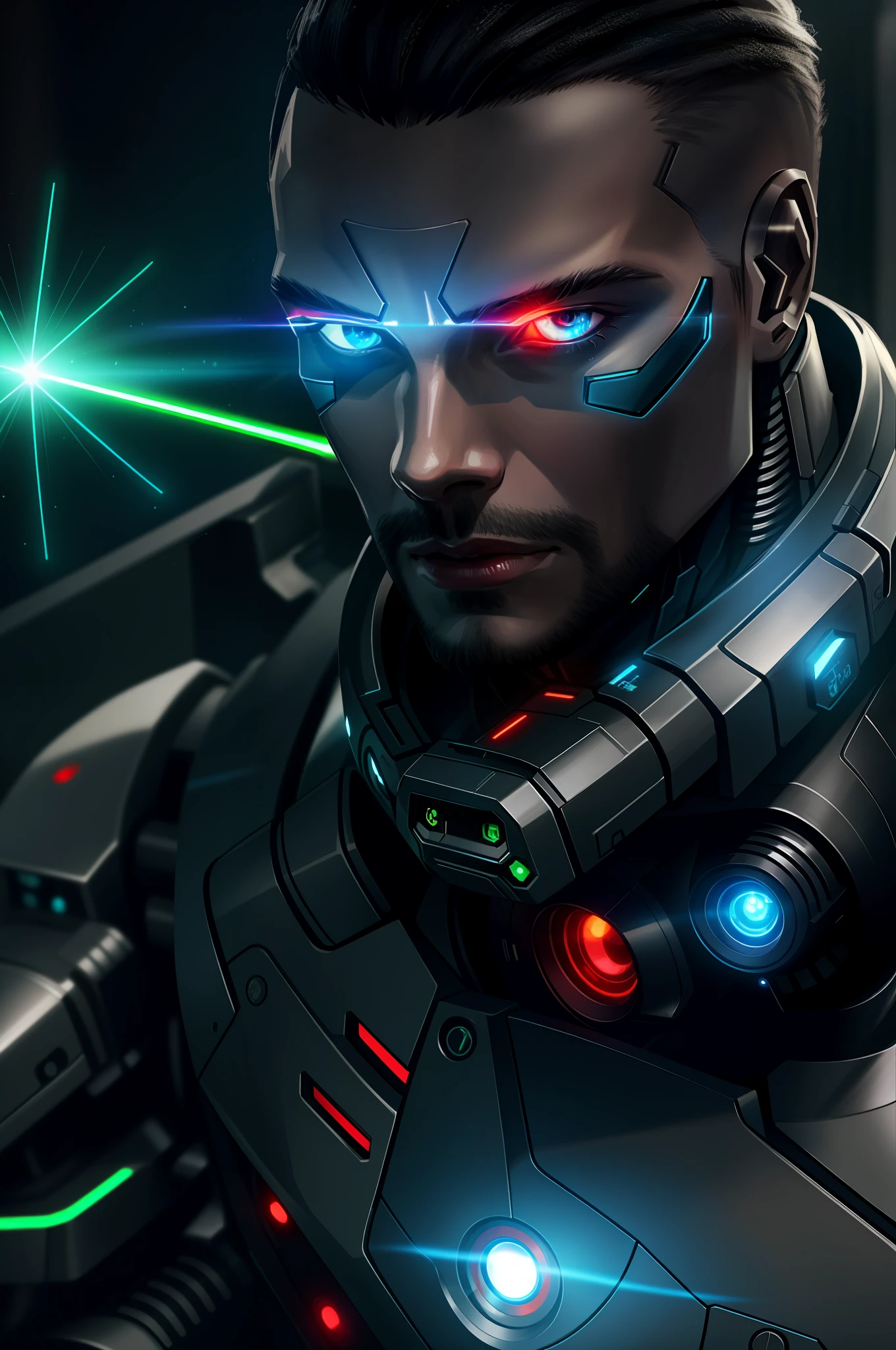 a close up of a man in a futuristic suit with glowing eyes, cyborg portrait, detailed portrait of a cyborg, portrait of cyborg, male cyborg military commander, portrait of a space cyborg, cyberpunk soldier, portrait of a cyberpunk cyborg, epic scifi character art, close-up portrait of cyborg, futuristic soldier, epic sci - fi character art, epic sci-fi character art