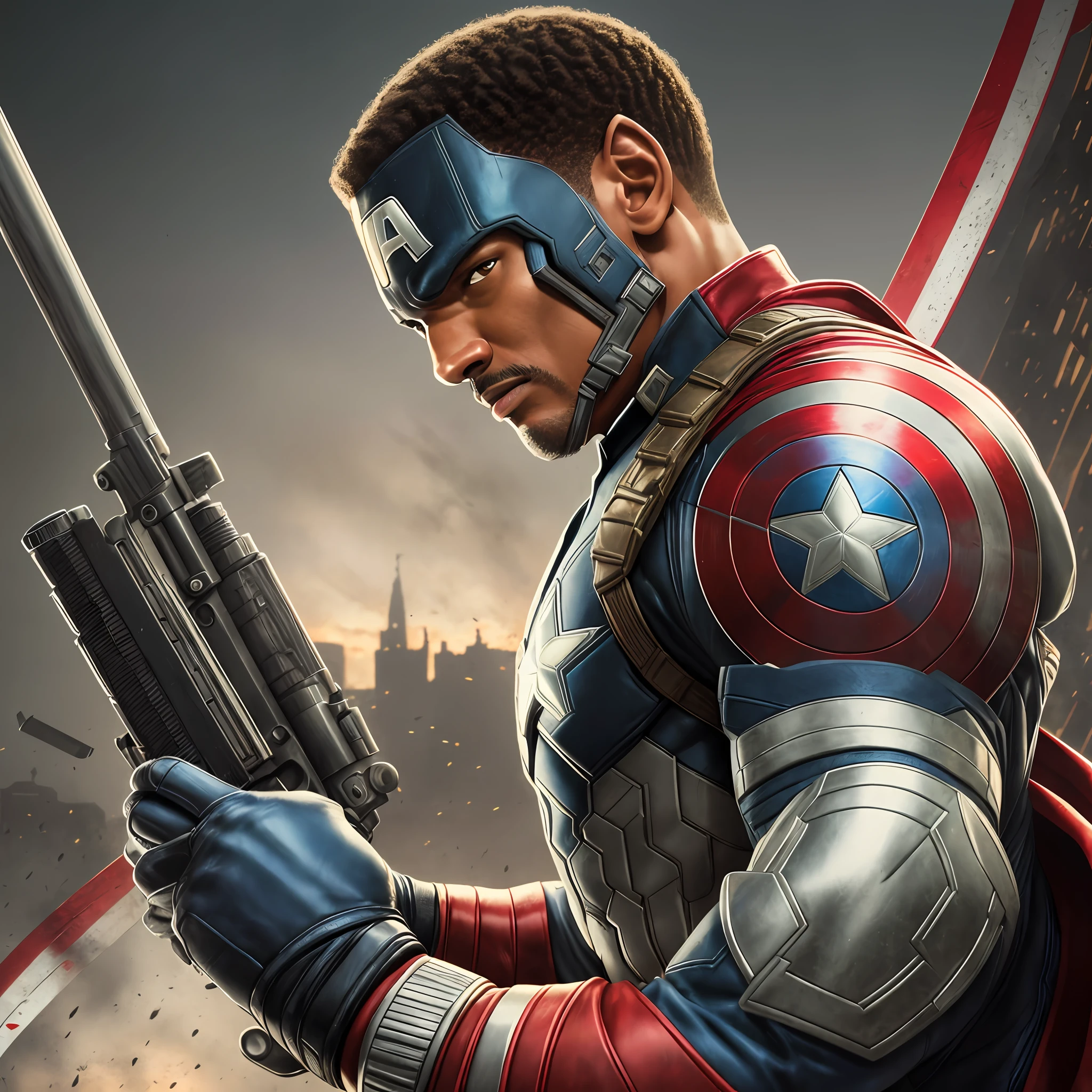 . .Tarantino style Will Smith as Captain America 8k, high definition, detailed face, detailed face, detailed eyes, detailed suit, in style of marvel and dc, hyper-realistic, + cinematic shot + dynamic composition, incredibly detailed, sharpen, details + superb details + evening with light + perfectionism + award winning realism ((moody lighting)) --auto --s2